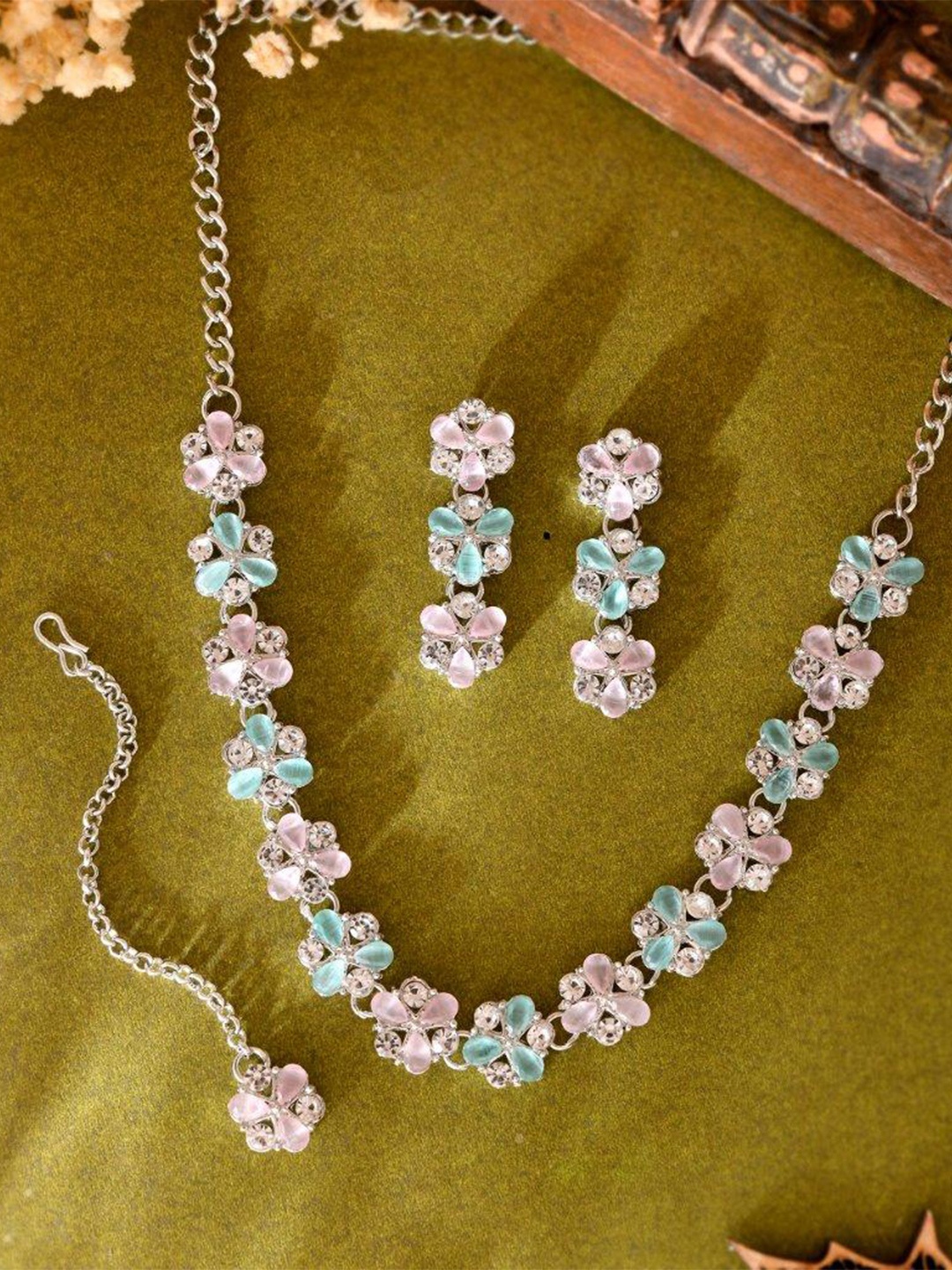 

VOJ Silver-Plated American Diamond Studded Jewellery Set