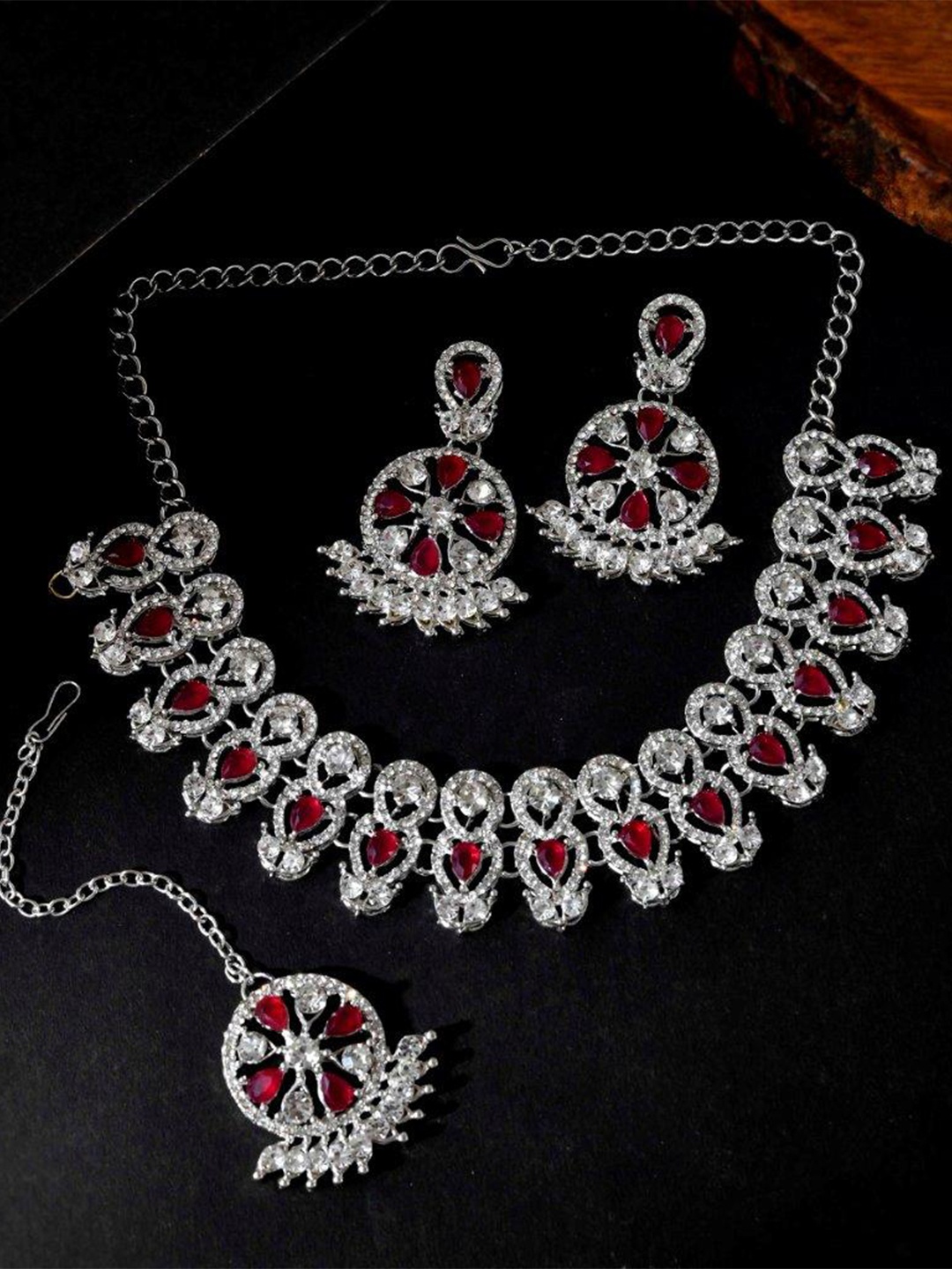 

VOJ Silver-Plated Stainless Steel American Diamond & Kundan Stone-Studded Jewellery Set, Purple