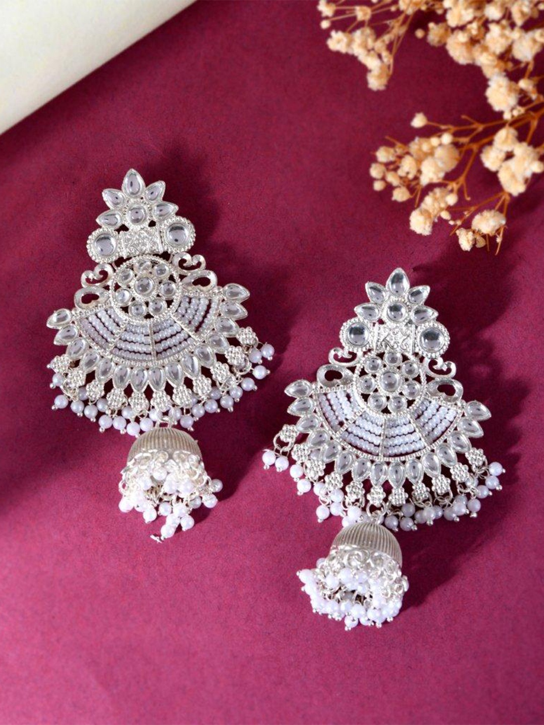 

VOJ Silver-Plated Stainless Steel Stone Studded & Beaded Jhumkas