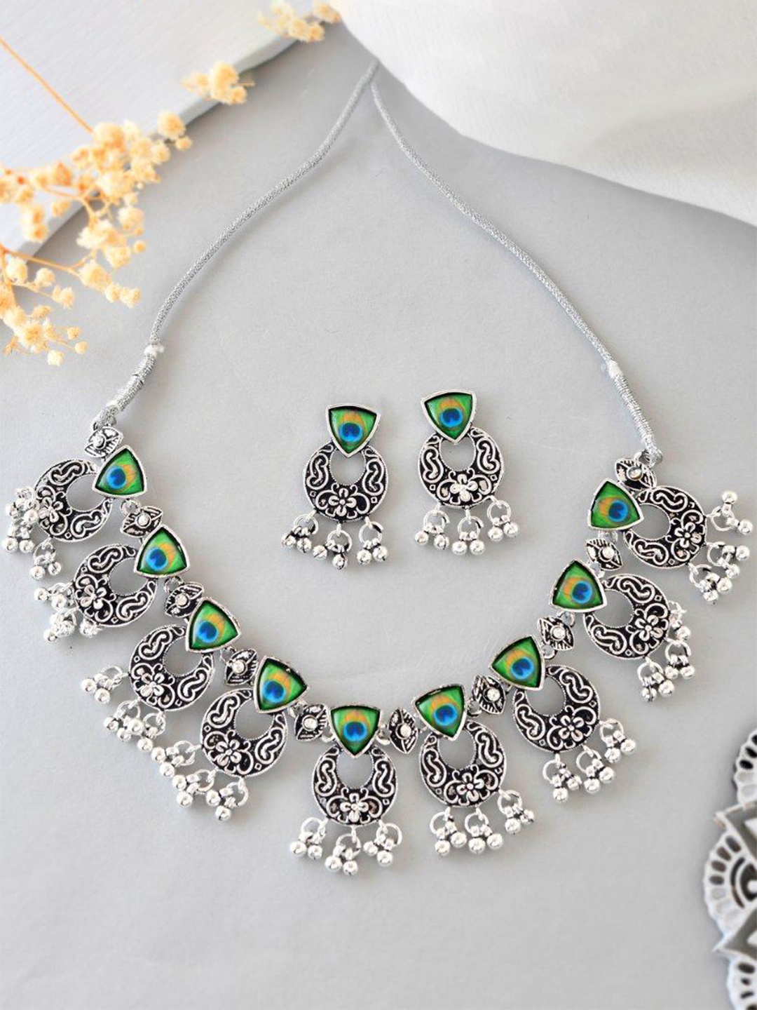 

VOJ Silver-Plated Stainless Steel Peacock Contemporary Stone-Studded Jewellery Set