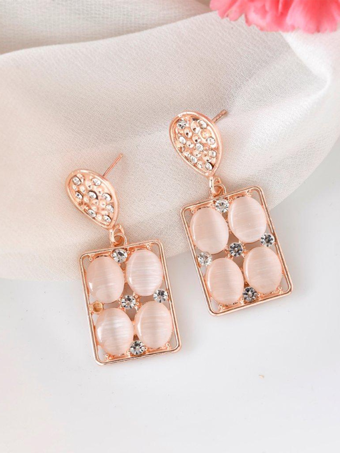 

VOJ Rose Gold Plated Stainless Steel Stone Studded Rectangular Drop Earrings
