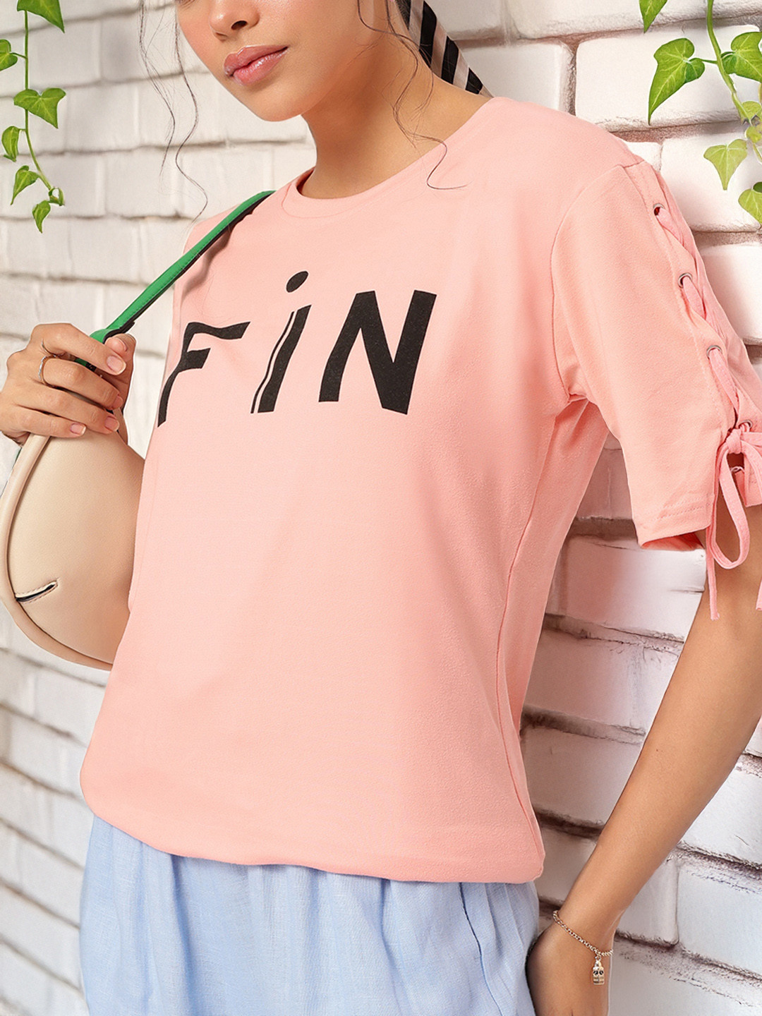 

DressBerry Tik Talk Printed Lace-Up Sleeves T-shirt, Pink