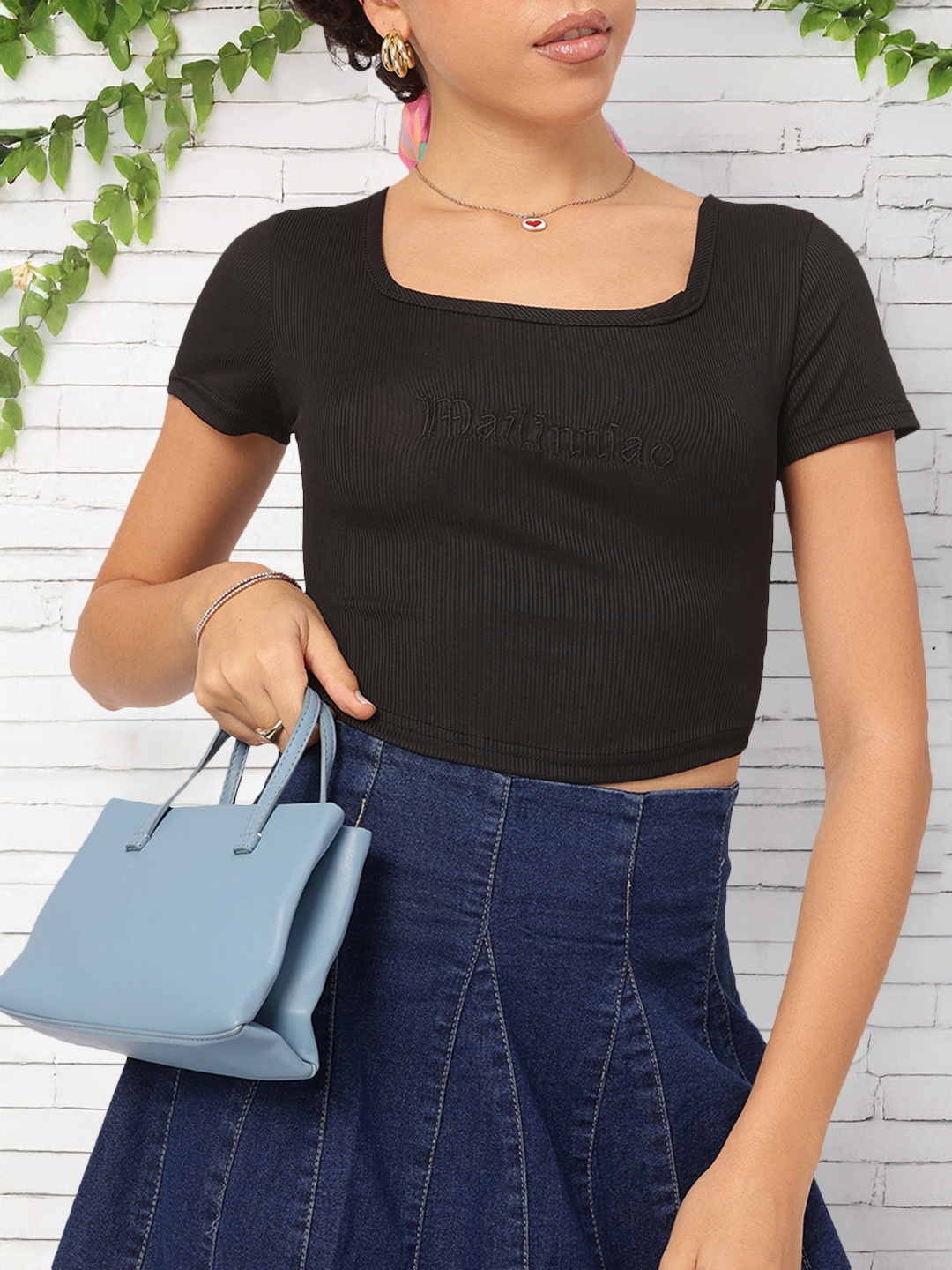 

StyleCast Fusion Fits Embroidered Ribbed Crop Top, Black