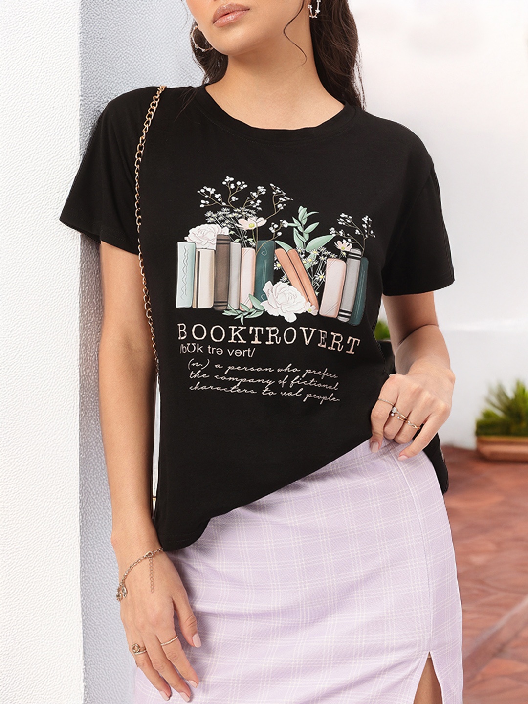 

DressBerry Bookworm Chic Printed Classic Tee, Black