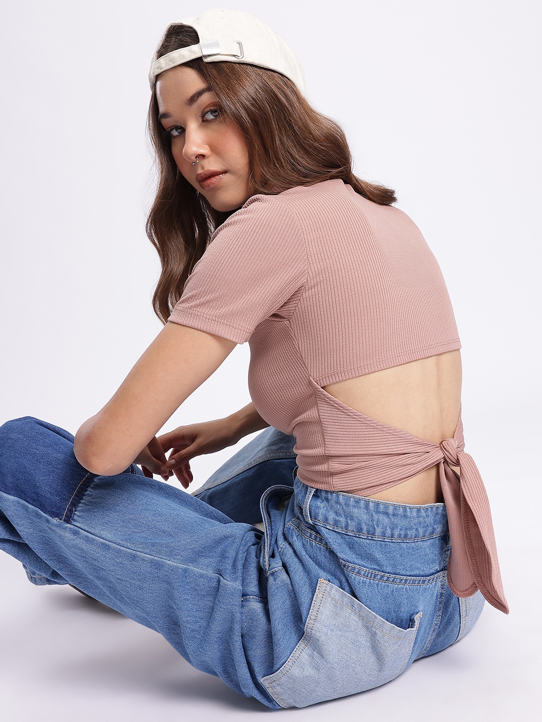 

DressBerry Pastel Dreams Styled Back Texture Ribbed Crop Top, Rose