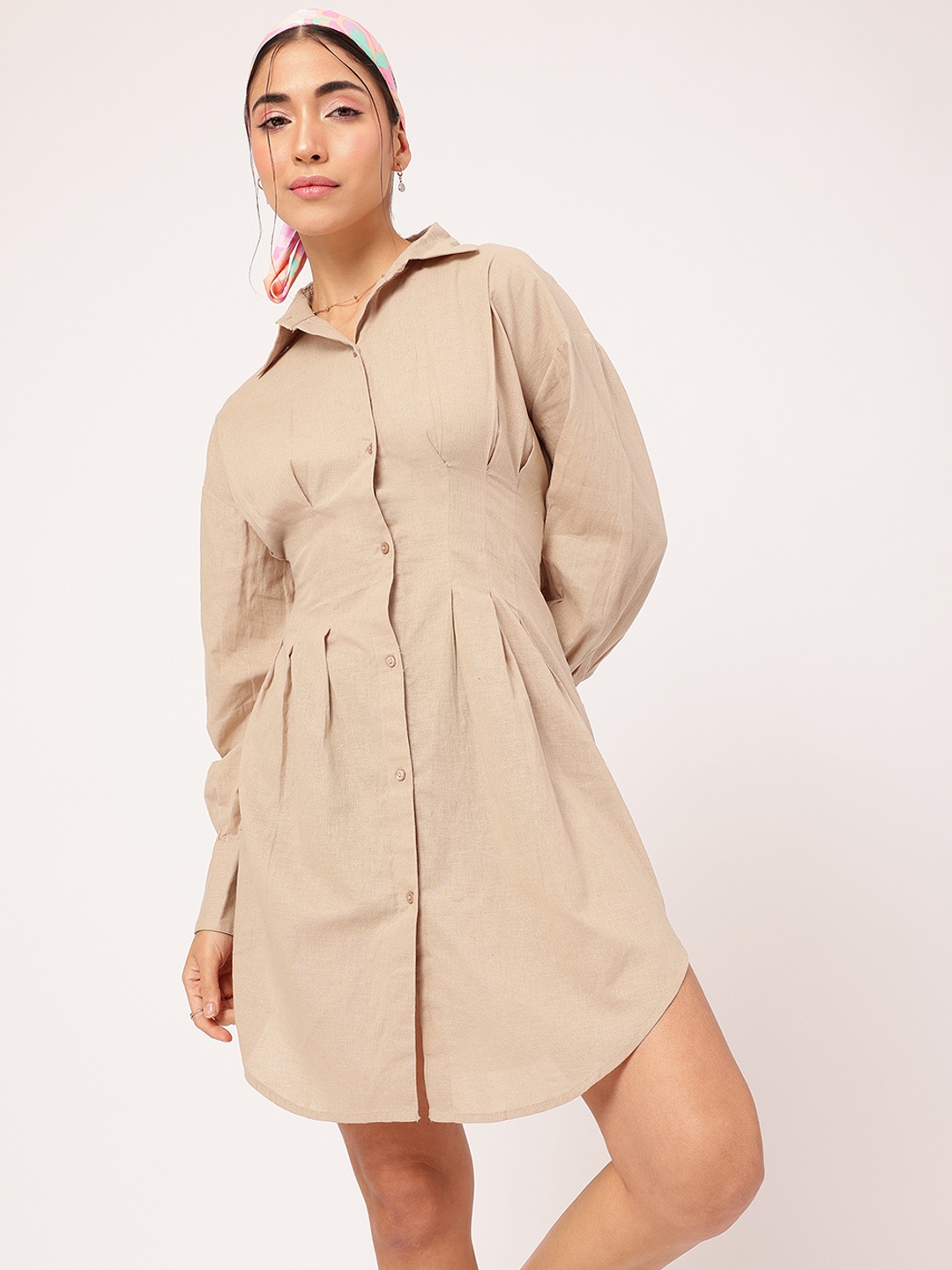 

DressBerry Bizwear Eco-Elegance Pleated Shirt-Style Dress, Beige