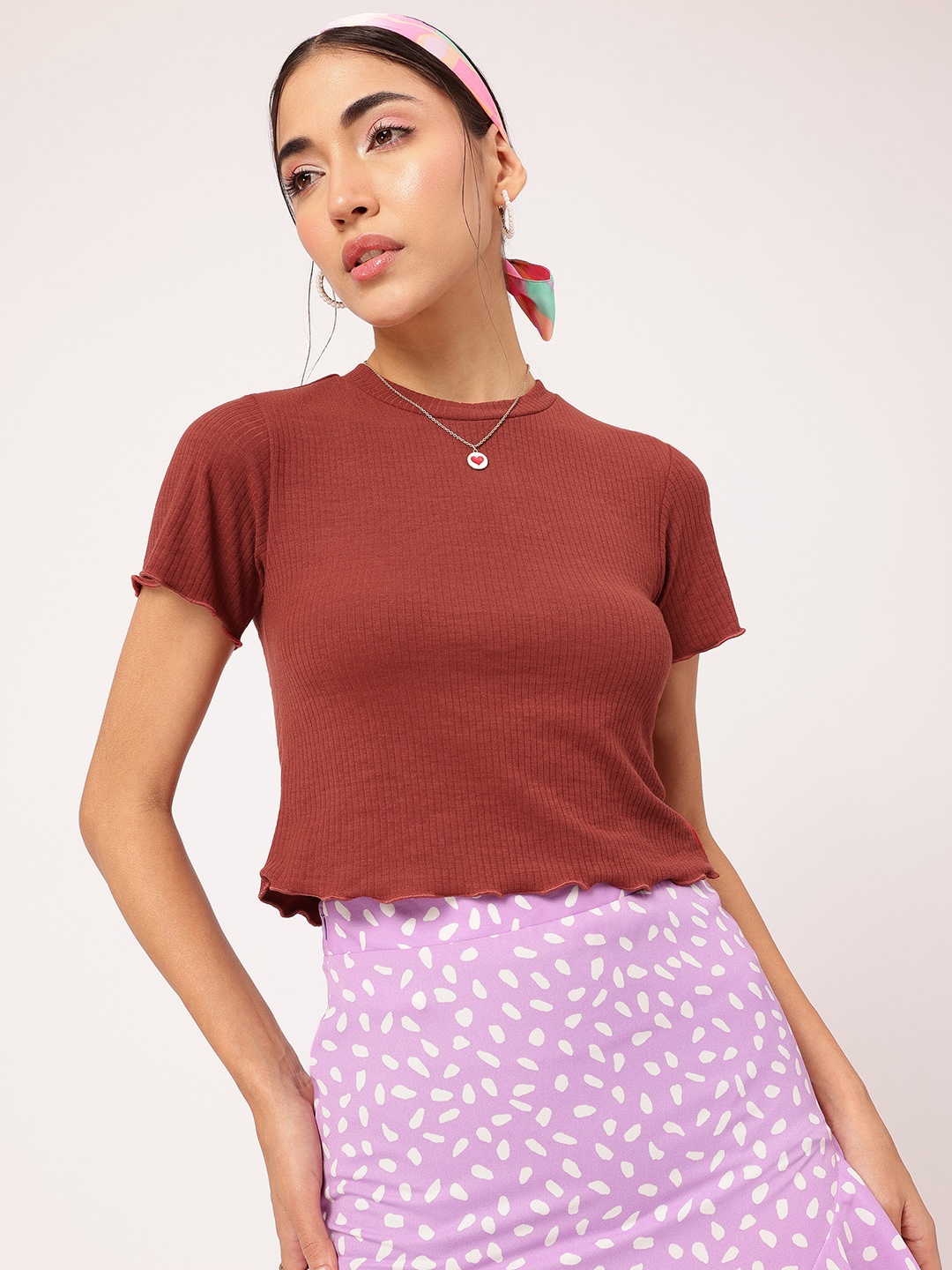 

DressBerry Knit Nomad Ribbed Lettuce Edge Top, Rust