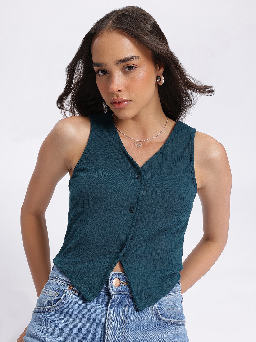 

DressBerry Ribbed Classic Waistcoat-Style Top, Teal