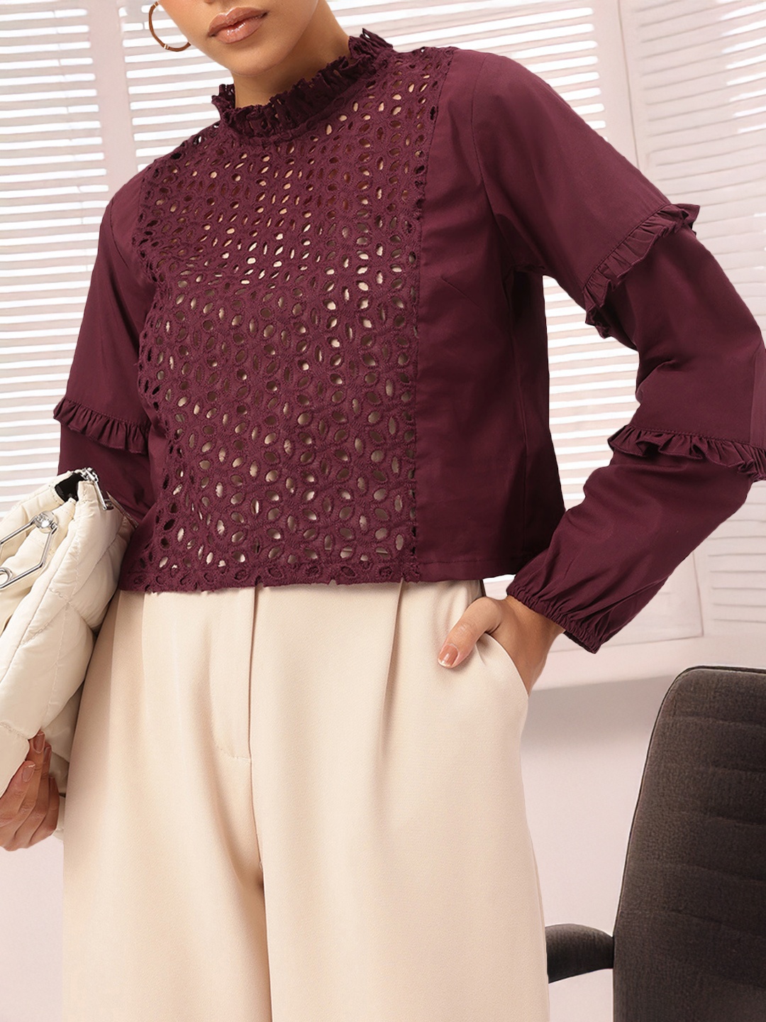 

DressBerry Flirty Frills Schiffli Embroidered Top, Burgundy