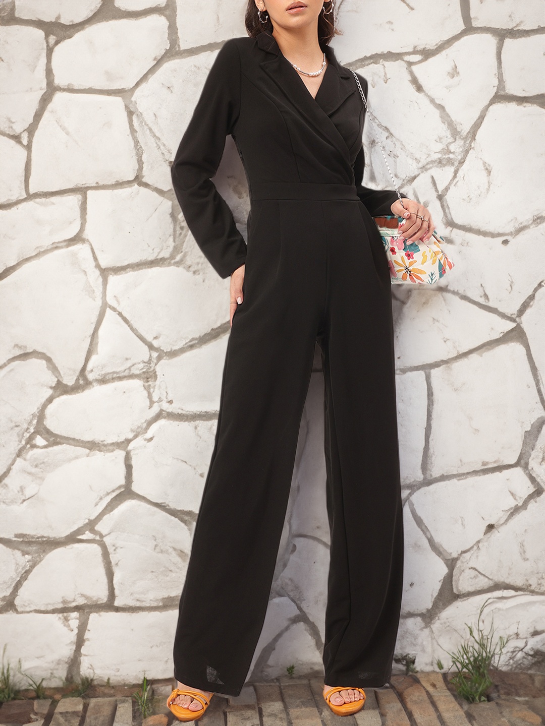 

DressBerry Boldly Balanced Notched Lapel Wrap Jumpsuit, Black