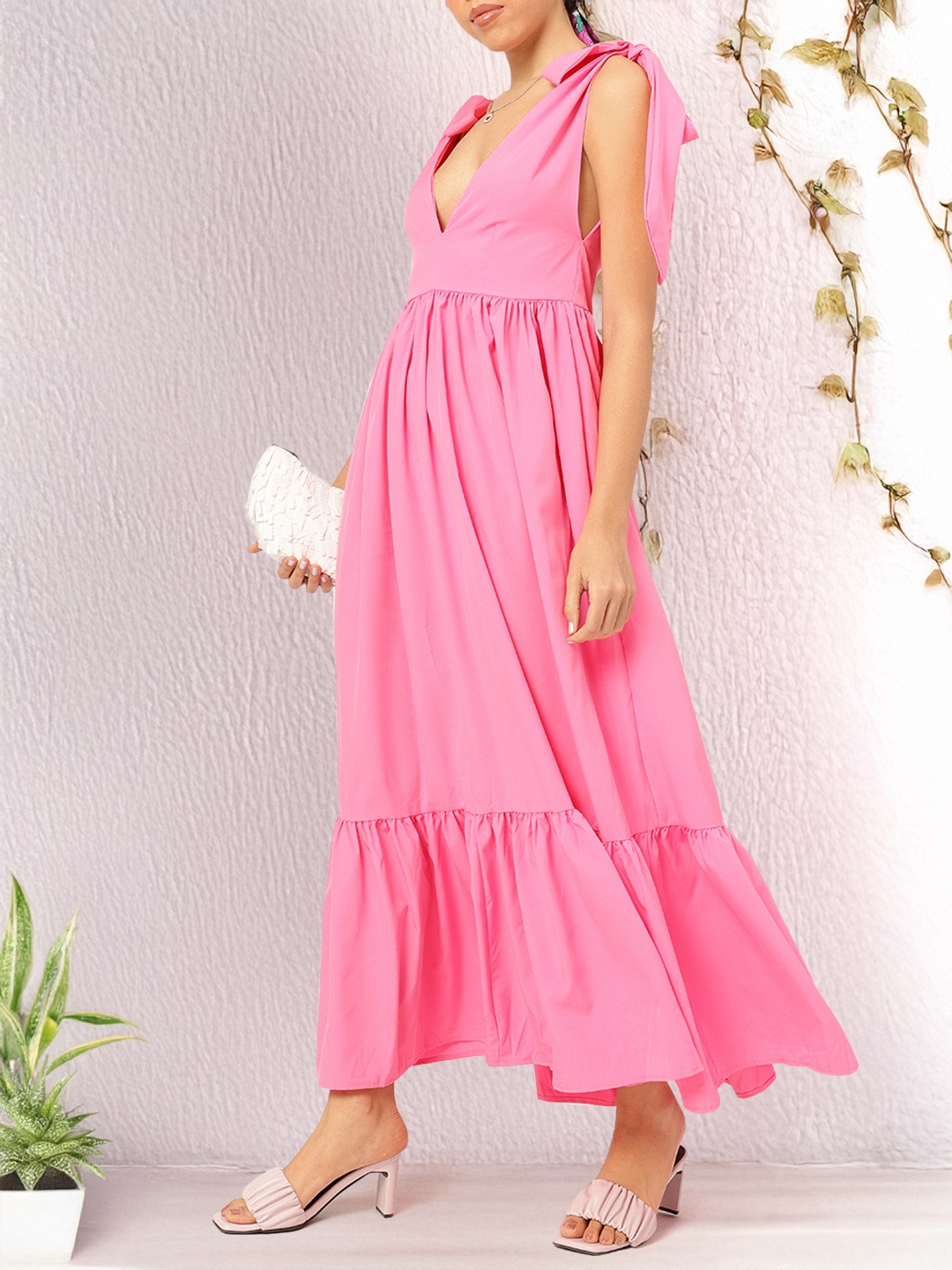 

DressBerry Bubblegum Pop Tie-Up Detail Tiered Maxi Dress, Pink