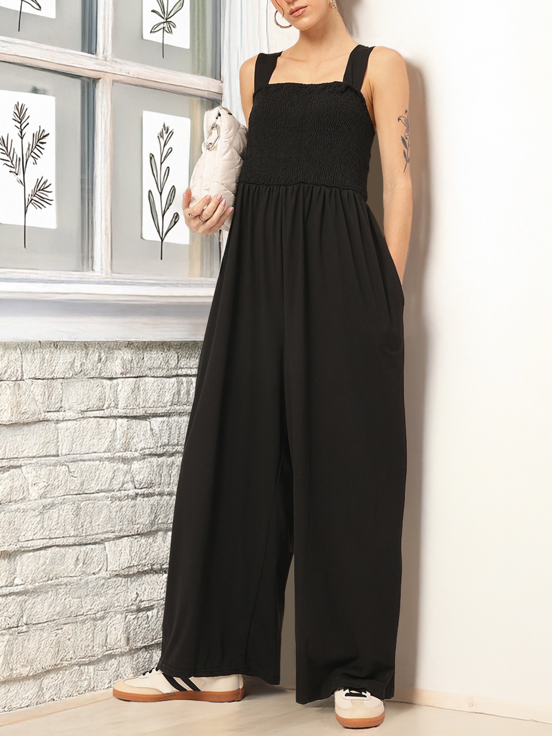 

DressBerry Starry-Eyed Style Shoulder Straps Smocked Basic Jumpsuit, Black