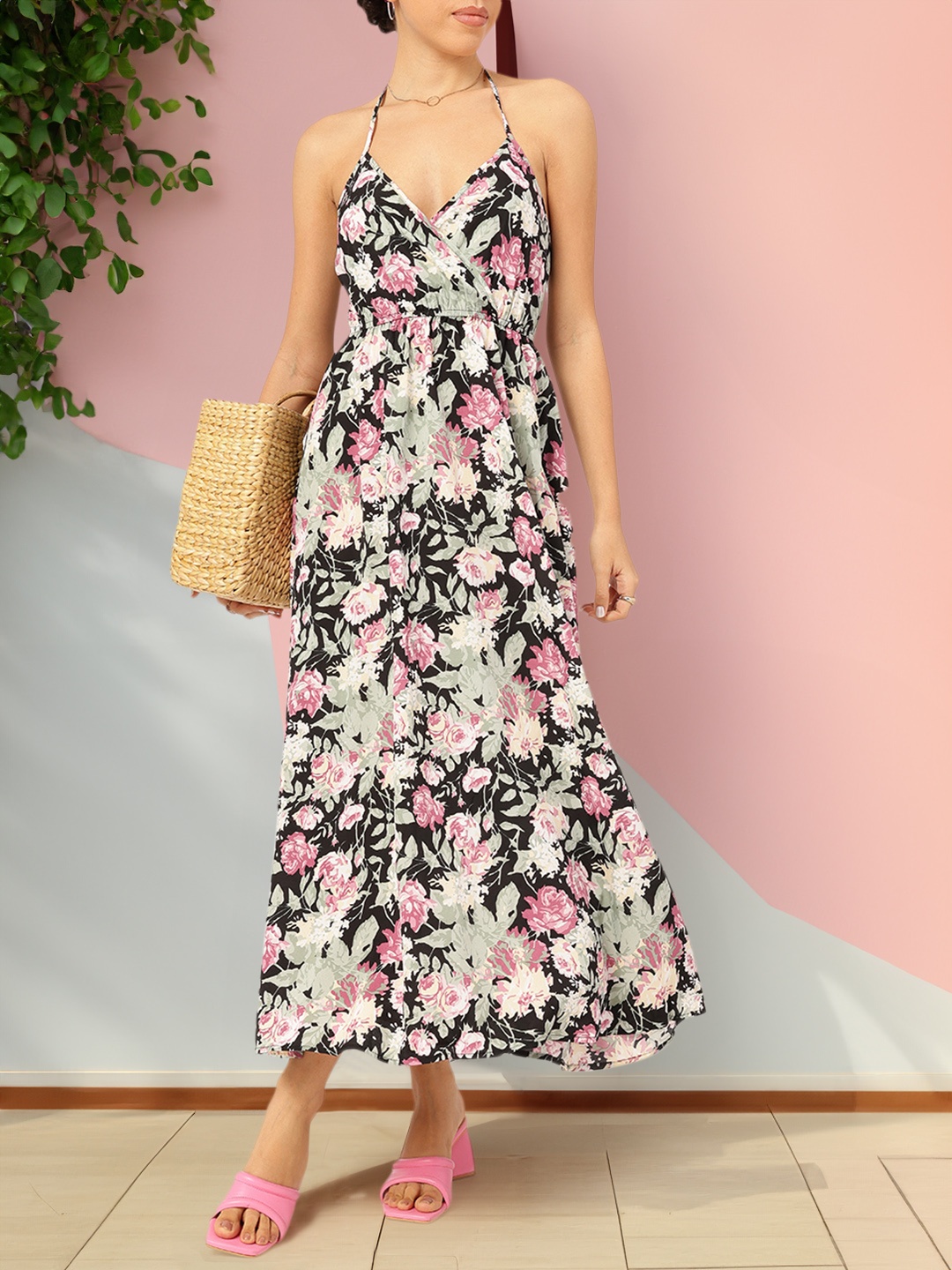 

DressBerry Dreamy Drape Halter Neck Floral Maxi Dress, Black