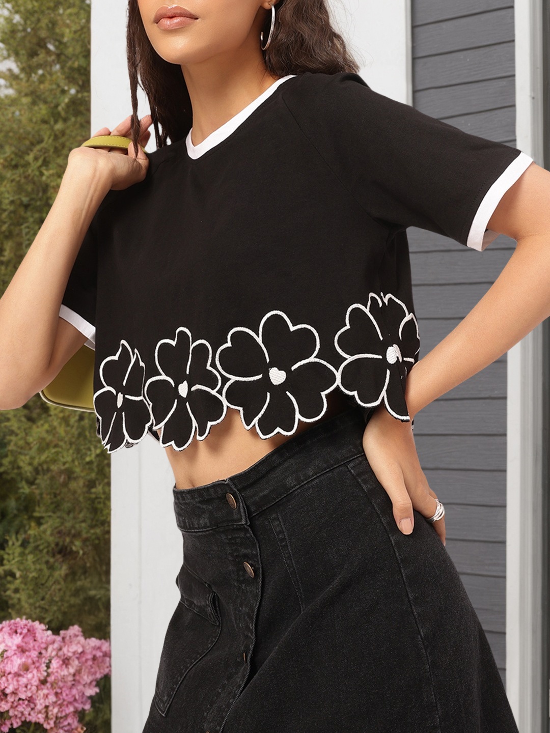 

DressBerry Floral Edge Monochrome Top, Black