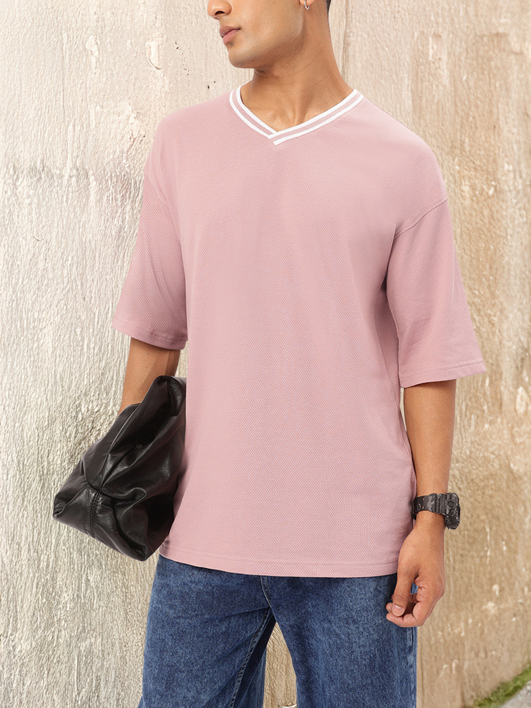

Kook N Keech Comfortably-Stylish Drop Sleeves Textured Relax Oversized Tee, Pink