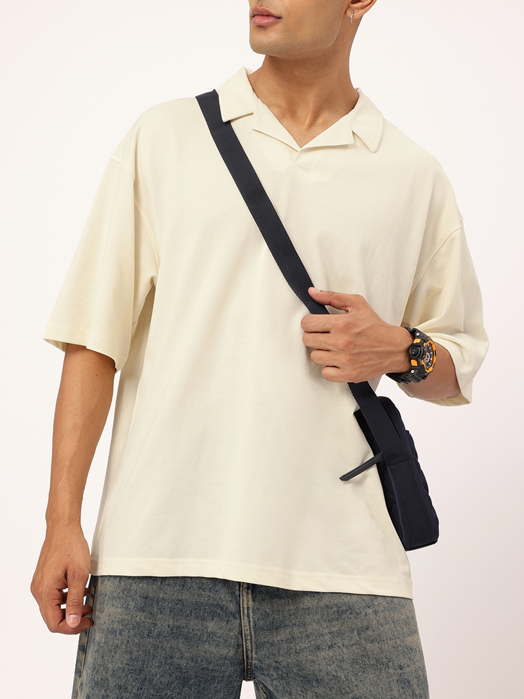 

Kook N Keech Street Luxe Cuban Collar Oversized T-shirt, Cream