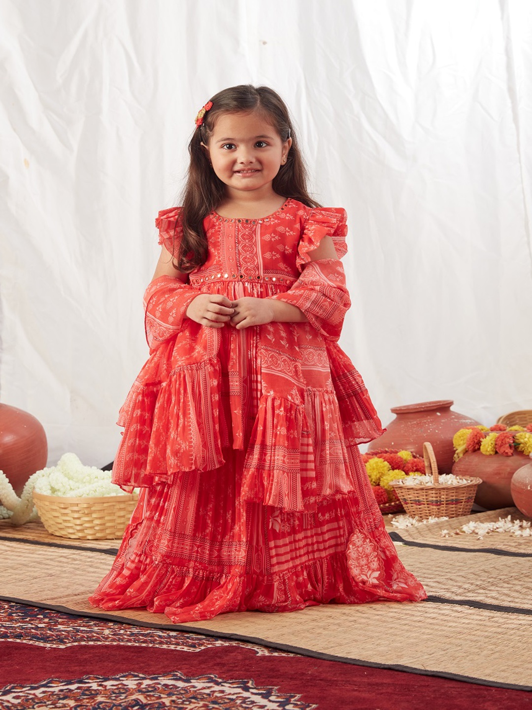 

Vivedkids Girls Block Printed Mirror Work Ready to Wear Lehenga & Blouse With Dupatta, Red