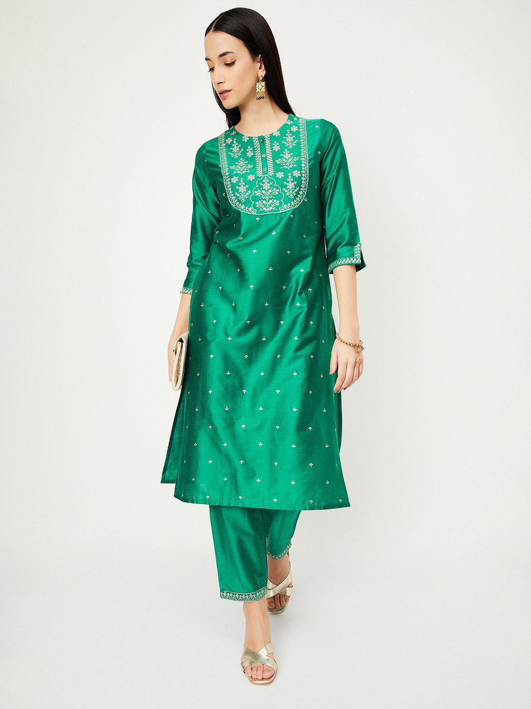 

max Floral Embroidered Straight Kurta with Trousers, Green