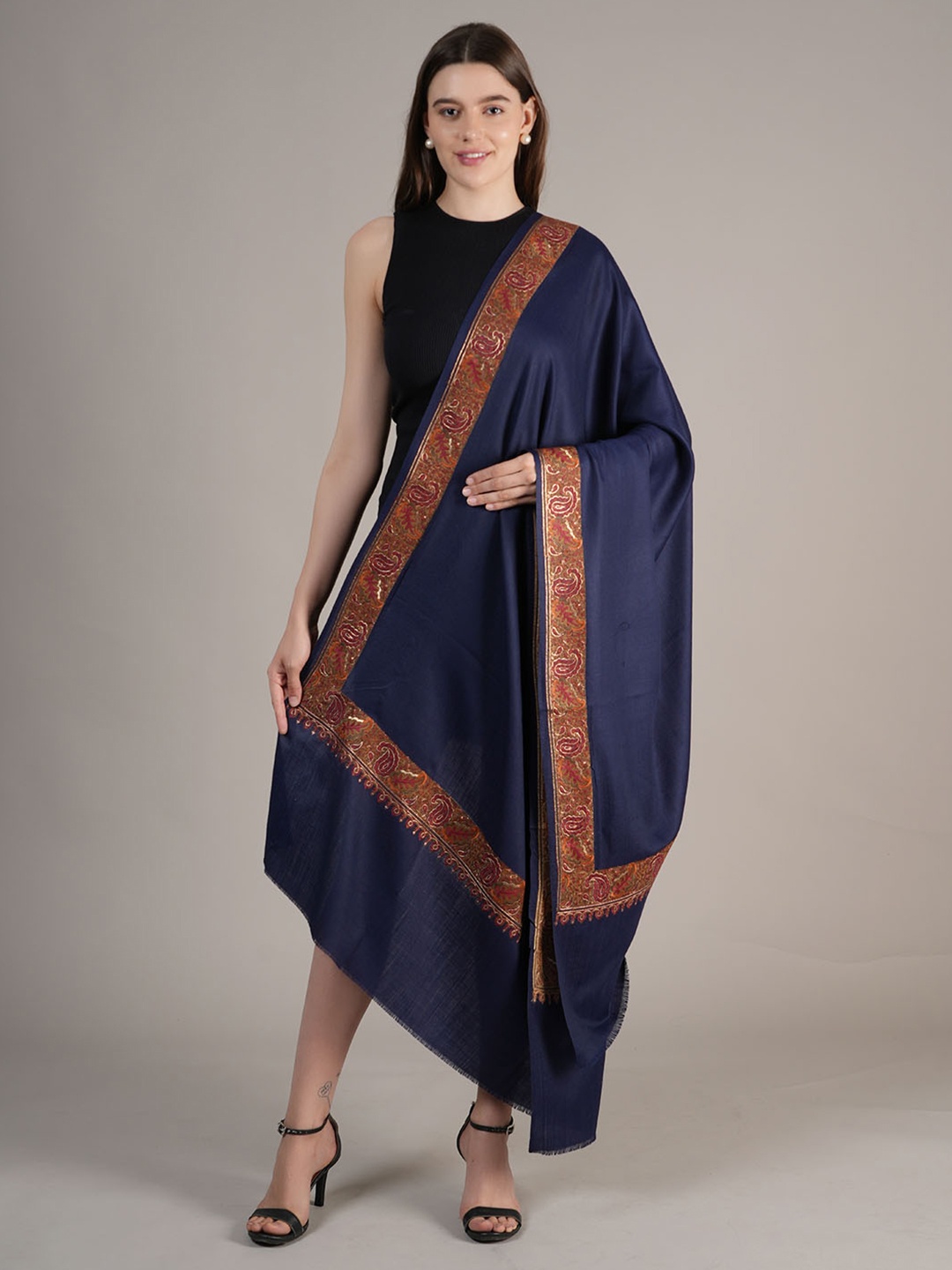 

MUFFLY Paisley Embroidered Pashmina Woollen Shawl, Blue