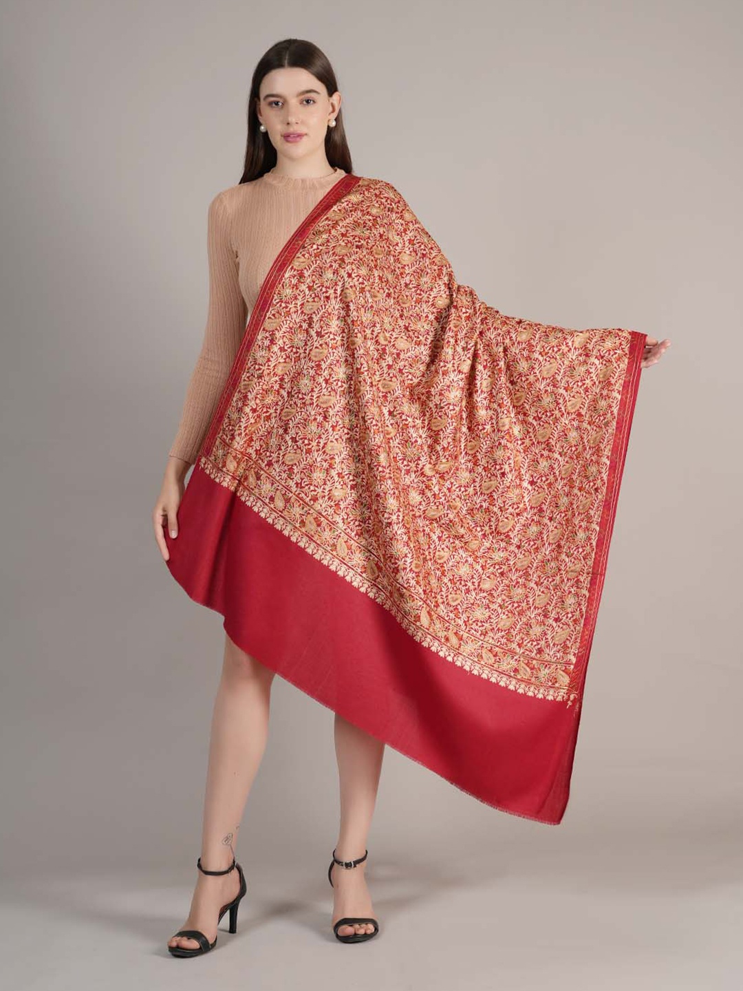 

MUFFLY Floral Embroidered Woolen Shawl, Maroon