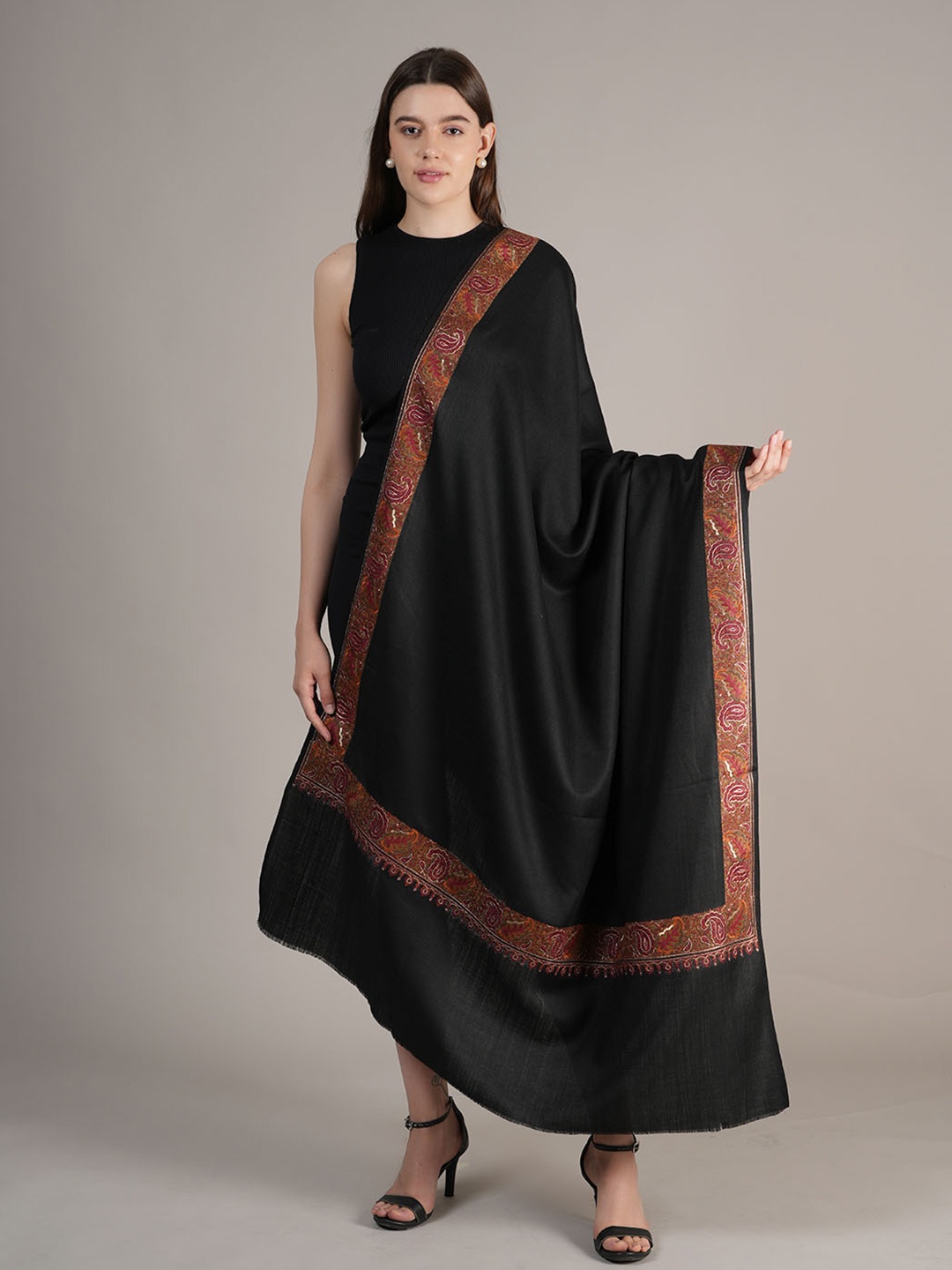 

MUFFLY Floral Embroidered Wool Shawl, Black