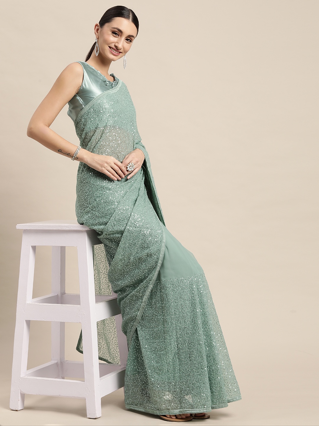 

VAIRAGEE Embellished Ready to Wear Saree, Turquoise blue
