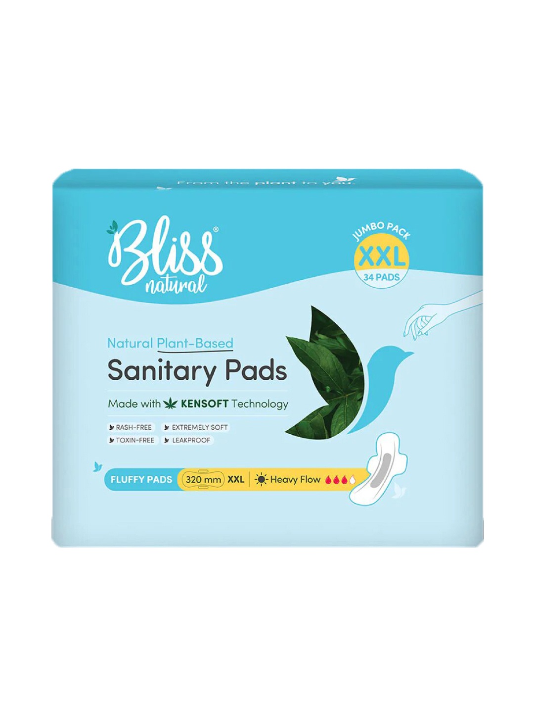 

BLISSNATURAL Leakproof Plant-Based Sanitary Pads for Heavy Flow XXL - 34 Pads, White