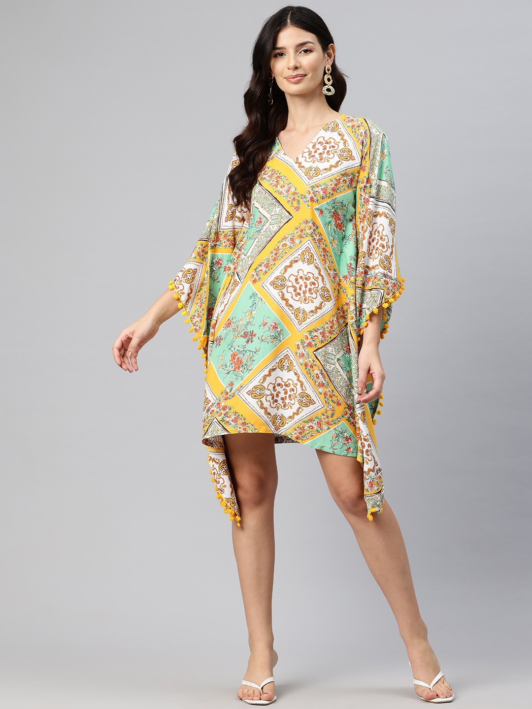 

One Femme Floral Print Flared Sleeves with Pom-Pom Detail Kaftan Dress, Yellow