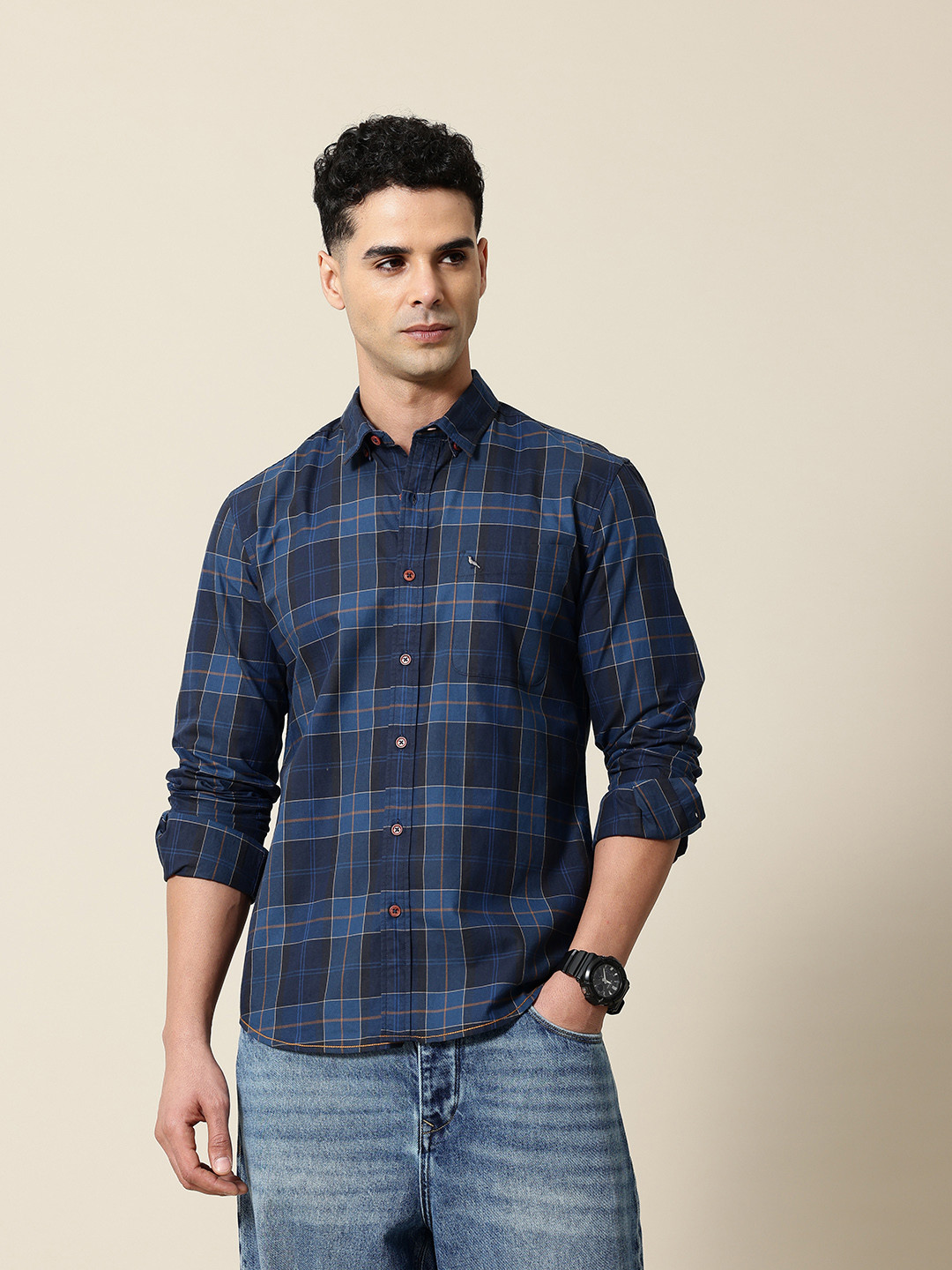 

Mr Bowerbird Men Checked Shirt, Navy blue