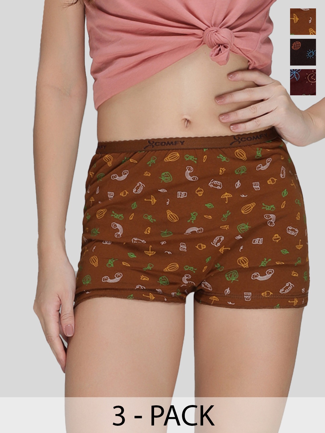 

AMUL COMFY Women Pack Of 3 Pure Cotton Printed Boy Short Briefs, Brown