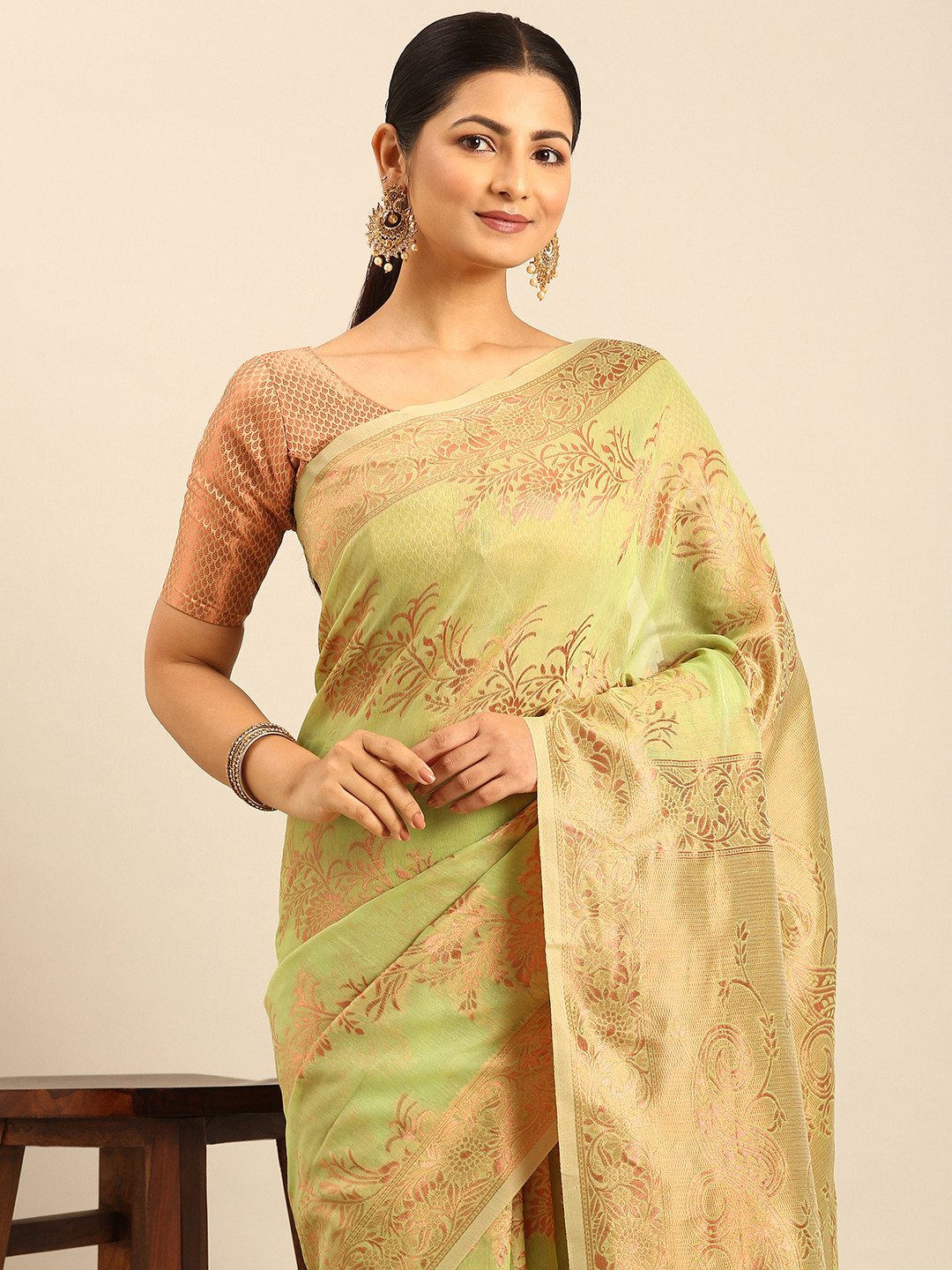 

SANGAM PRINTS Floral Woven Design Saree, Sea green