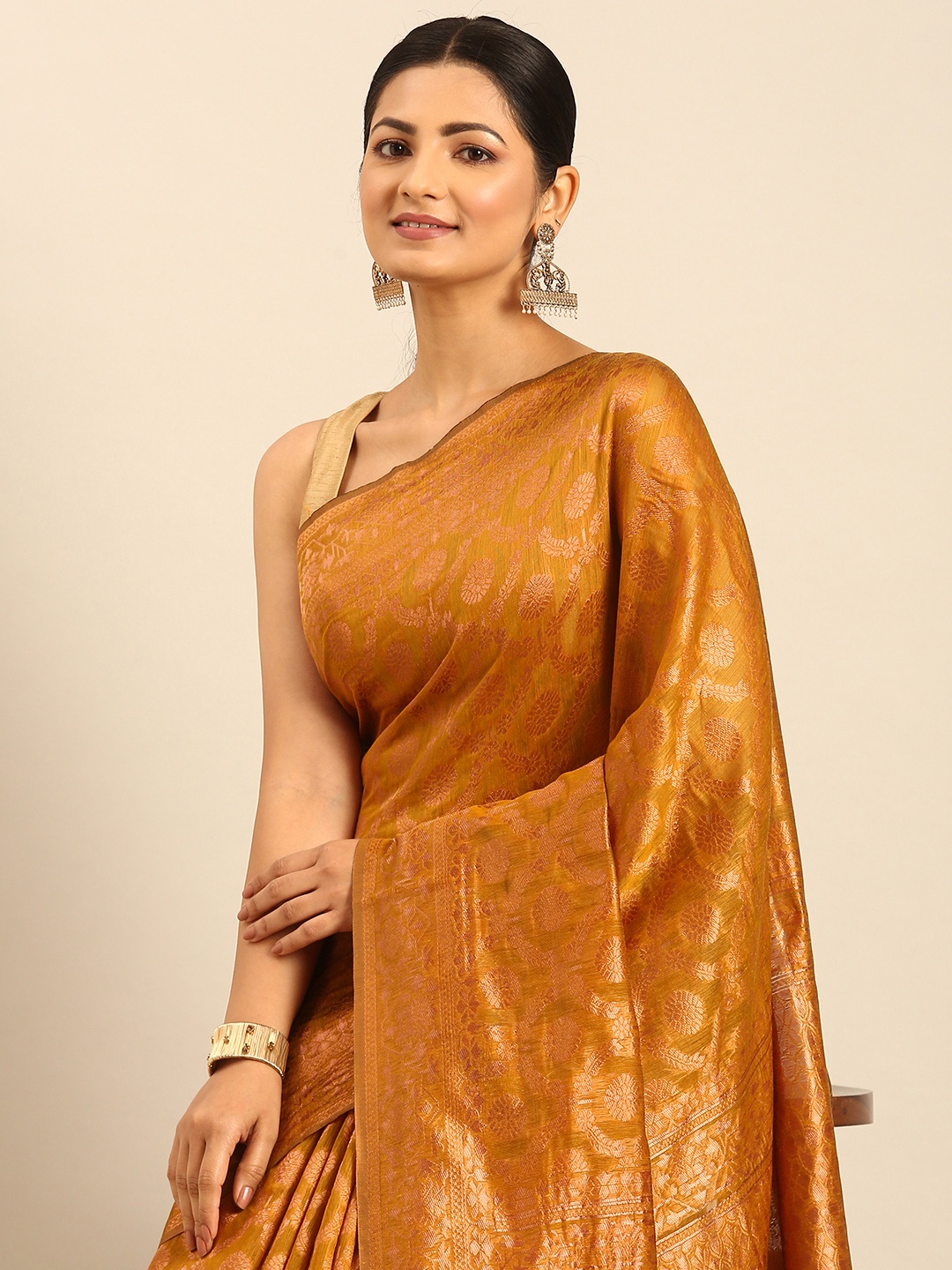 

SANGAM PRINTS Floral Woven Design Saree, Mustard