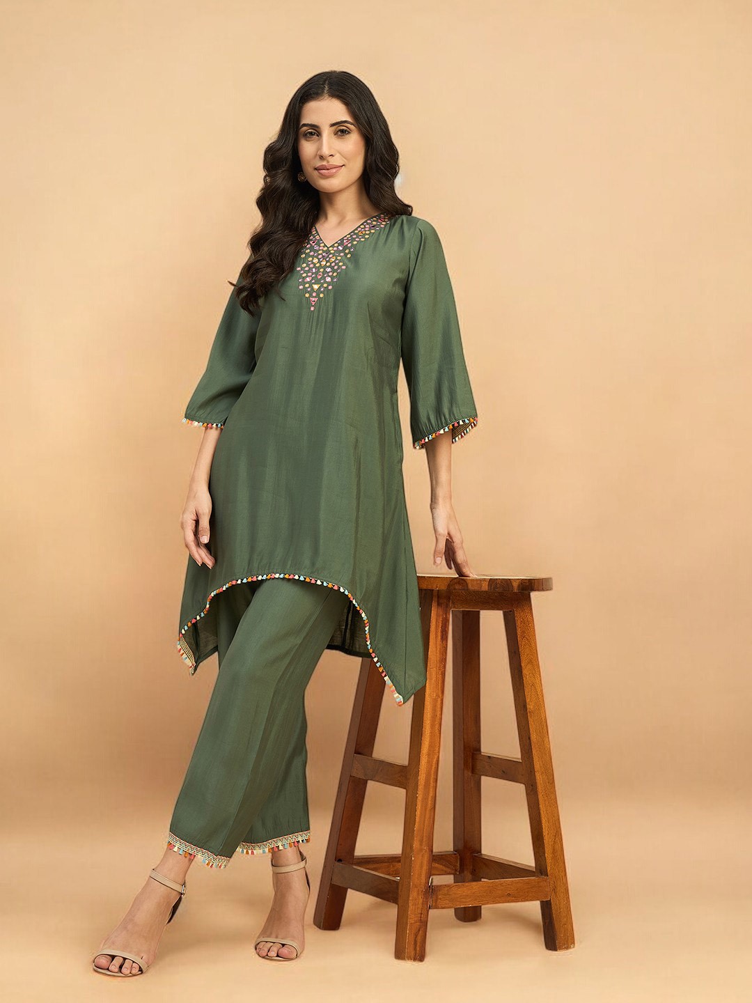 

Azira Mirror Work V-Neck Art Silk A Line Kurta With Palazzos, Green