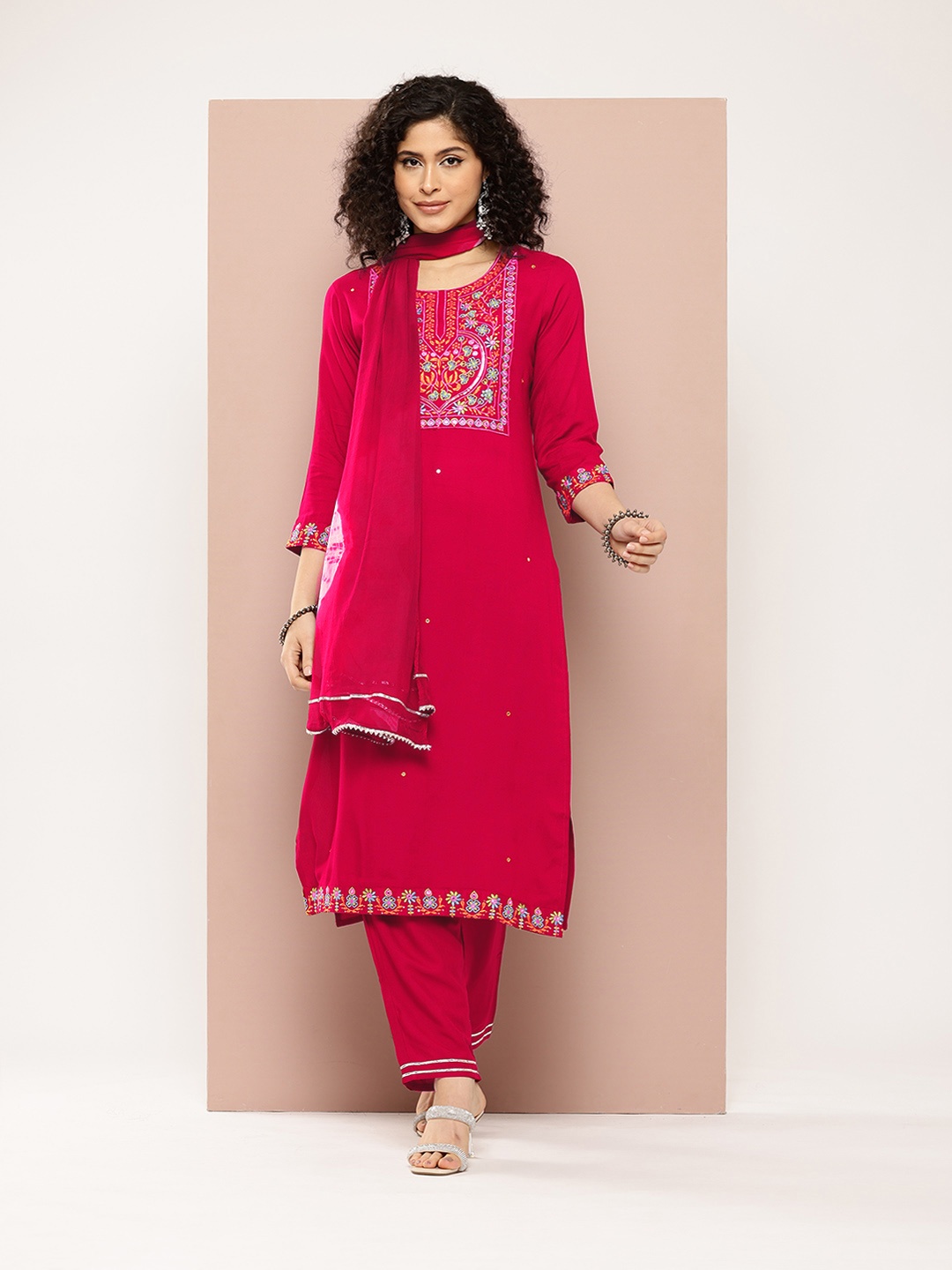 

PARTHVI Floral Embroidered Mirror Work Kurta With Trousers & Dupatta, Pink
