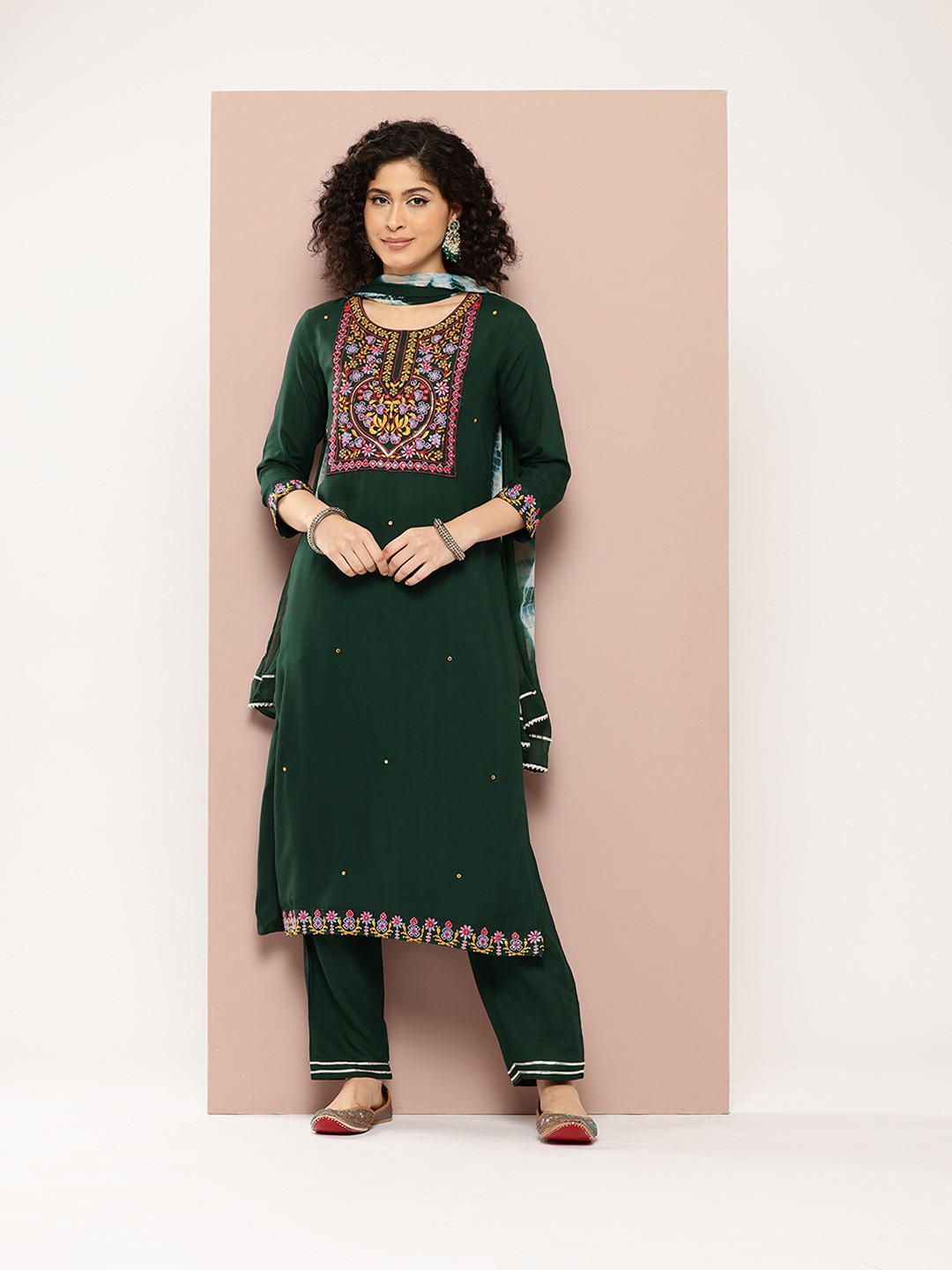 

PARTHVI Floral Embroidered Mirror Work Kurta With Trousers & Dupatta, Teal