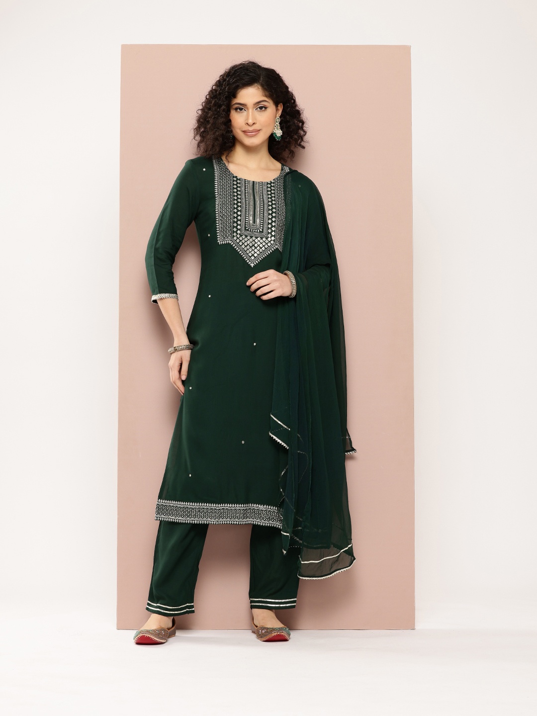 

PARTHVI Women Embroidered Sequinned Kurta with Trousers & Dupatta, Green