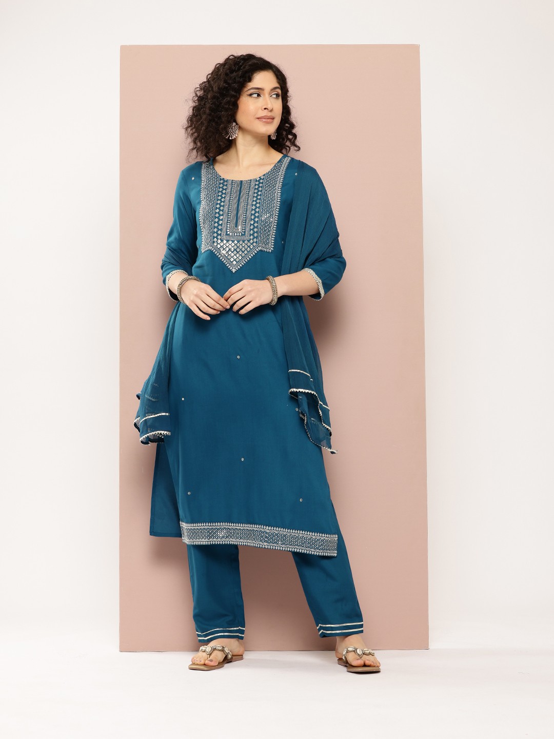 

PARTHVI Women Embroidered Sequinned Mirror Work Kurta with Trousers & Dupatta, Blue