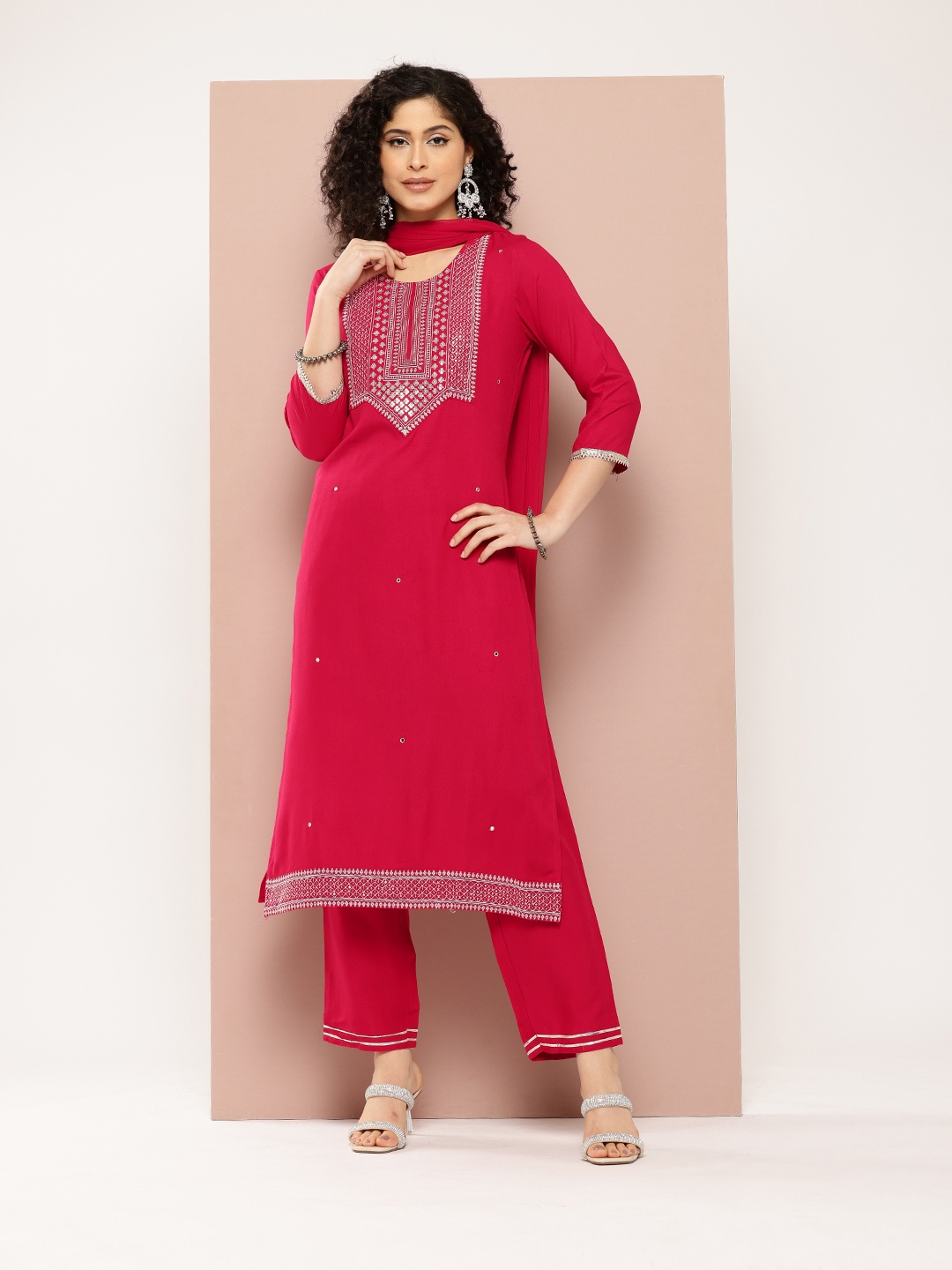 

PARTHVI Women Embroidered Yoke Design Sequinned Kurta with Trousers & Dupatta, Red