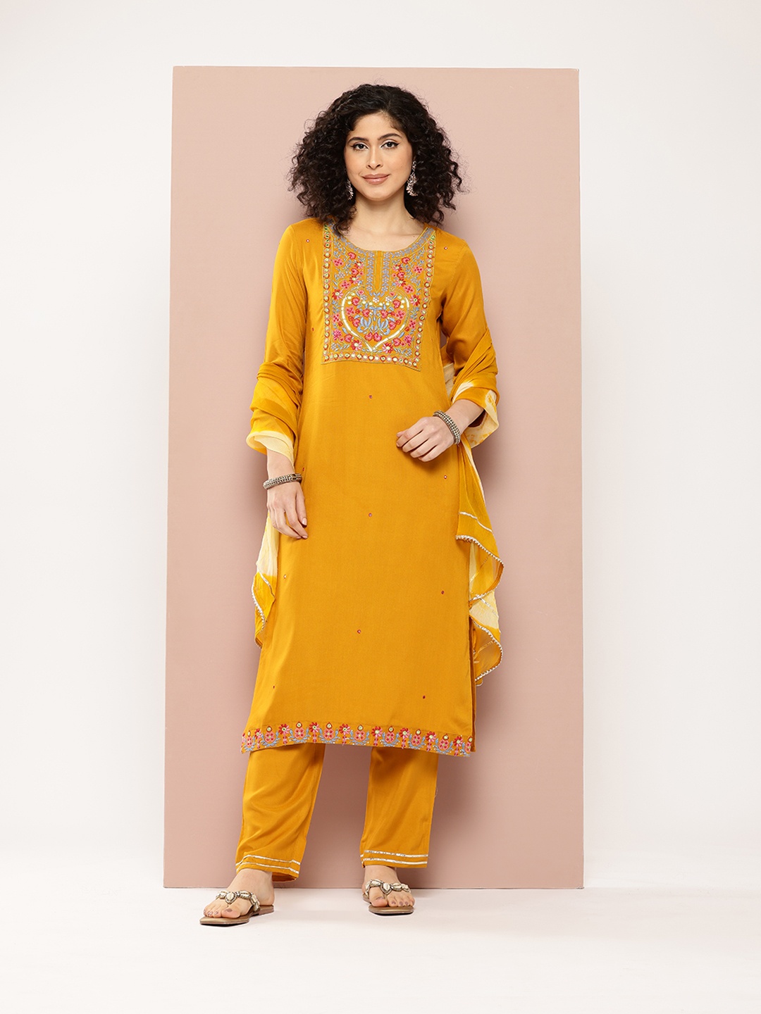 

PARTHVI Women Floral Embroidered Mirror Work Kurta with Trousers & Dupatta, Yellow