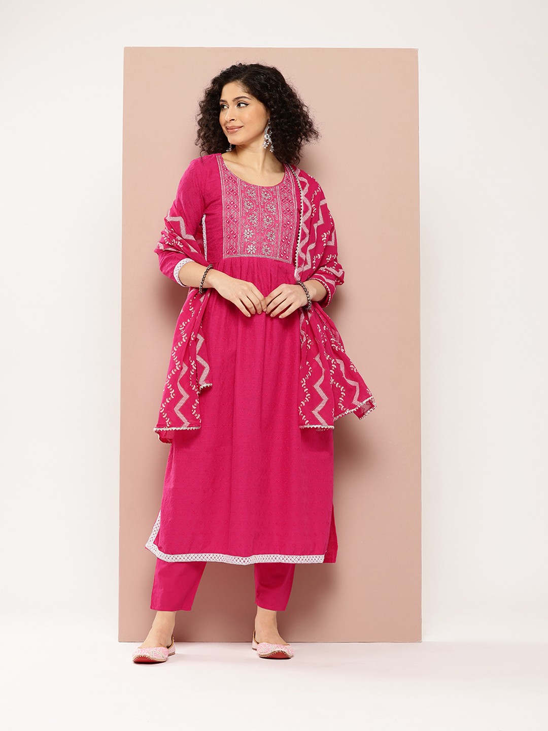 

PARTHVI Women Floral Embroidered Mirror Work Pure Cotton Kurta with Trousers & Dupatta, Pink