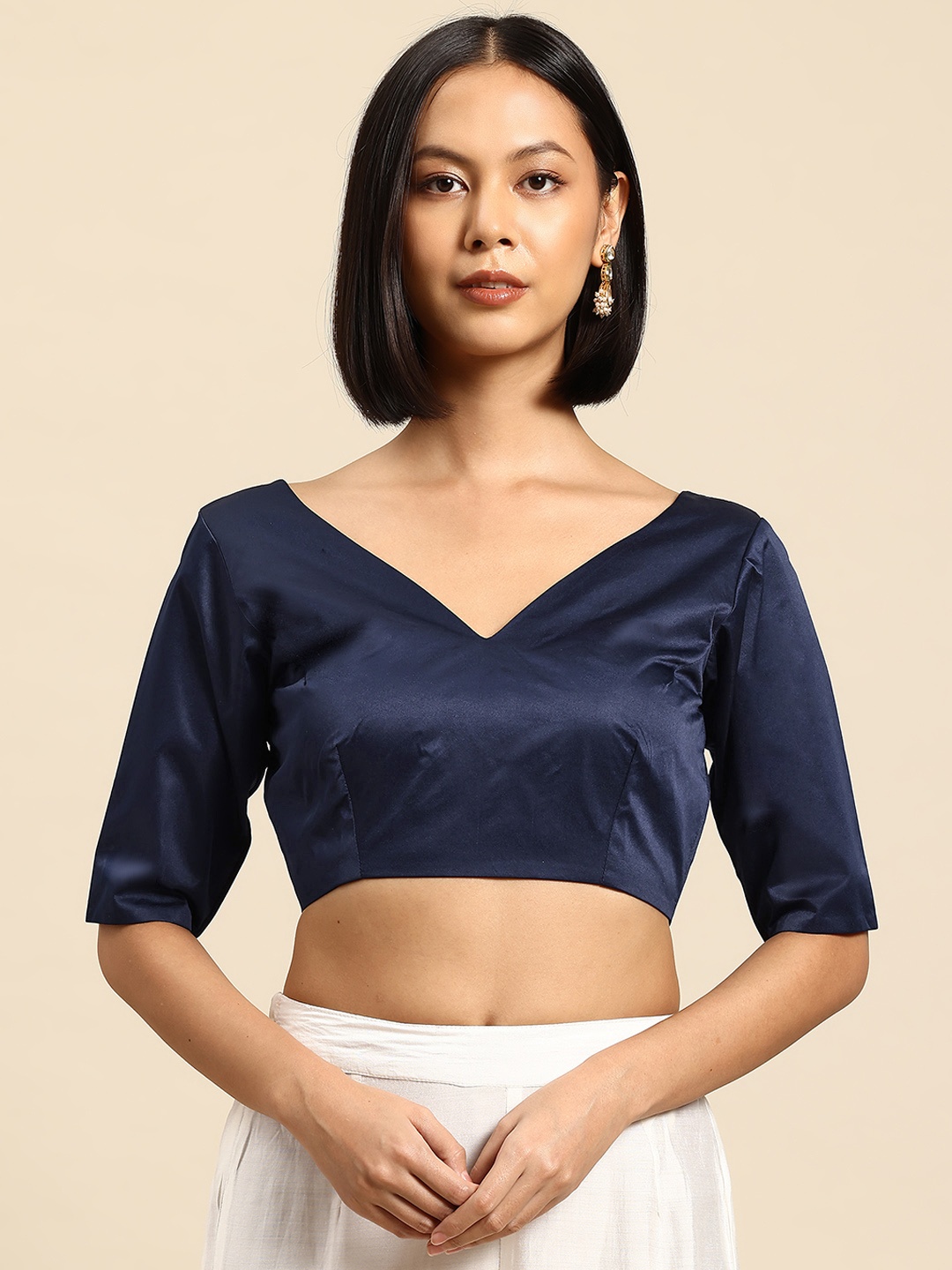 

flaher Satin Readymade Saree Blouse, Navy blue