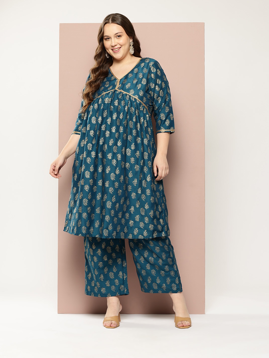 

Sztori Plus Size Ethnic Motifs Kurta Set, Teal
