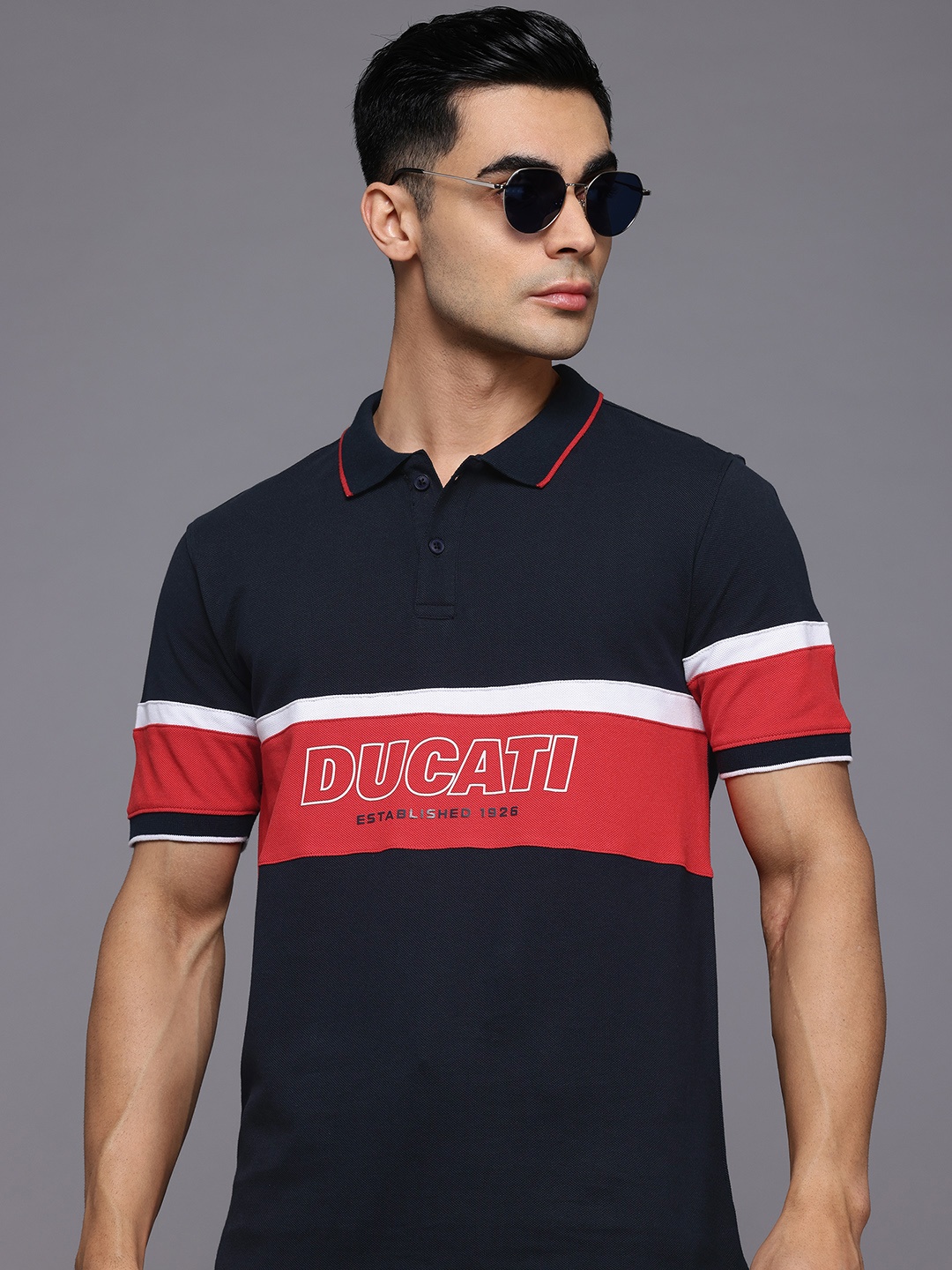 

Ducati Brand Logo Printed Colourblocked Polo Collar T-shirt, Navy blue