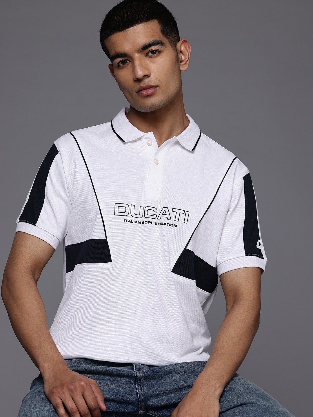 

Ducati Brand Logo Printed Polo Collar Pure Cotton T-shirt, White