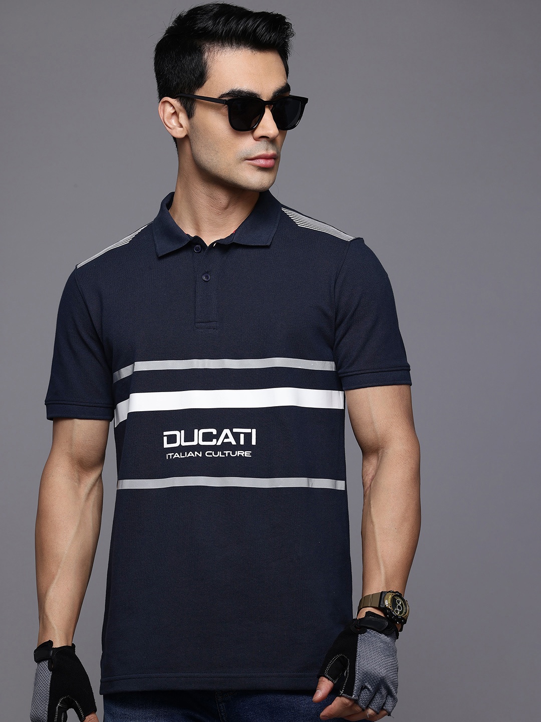 

Ducati Brand Logo Print Polo Collar Pure Cotton T-shirt with Reflective Detail, Navy blue