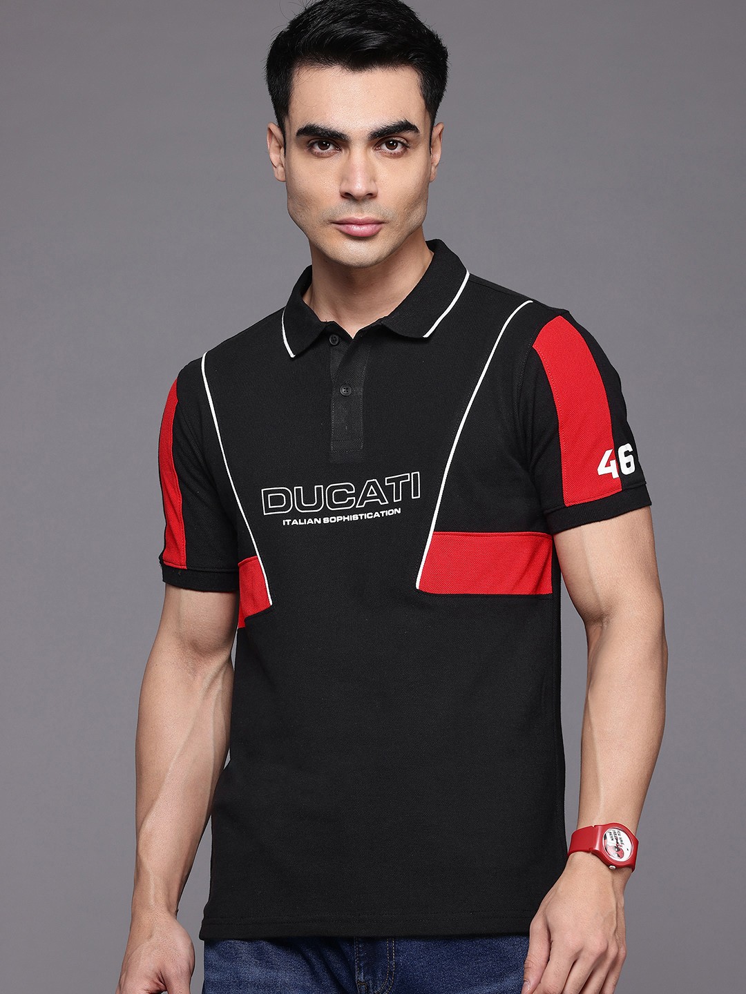 

Ducati Brand Logo Printed Polo Collar Pure Cotton T-shirt, Black