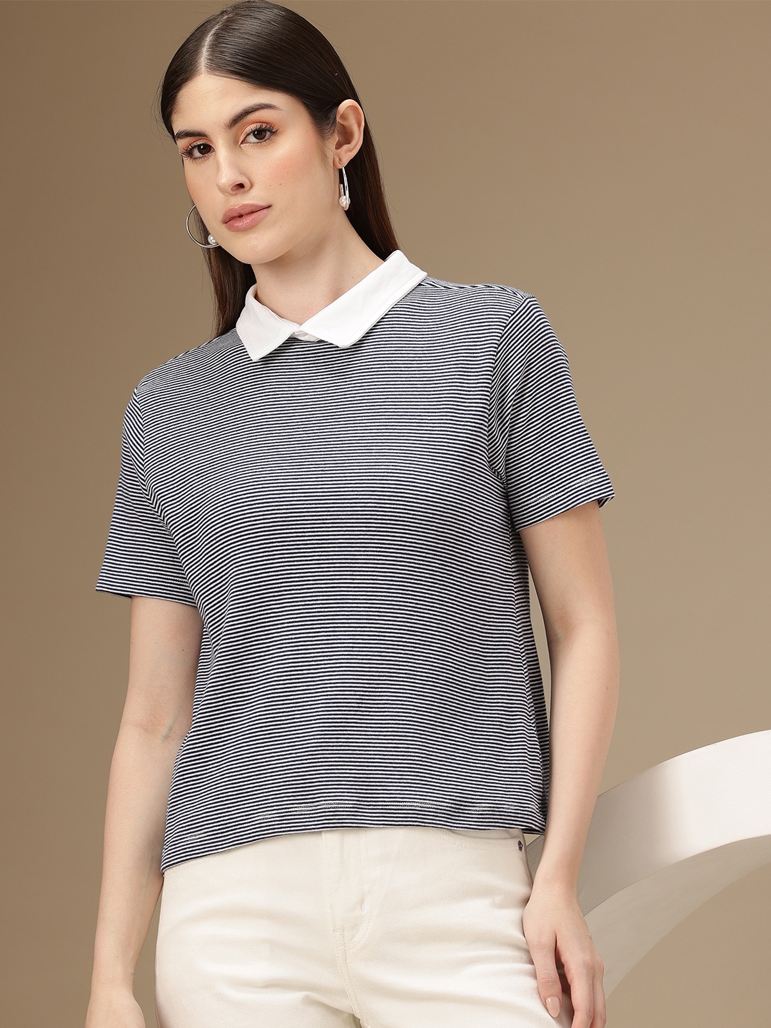 

Chemistry Striped Polo Collar Pure Cotton T-shirt, Navy blue
