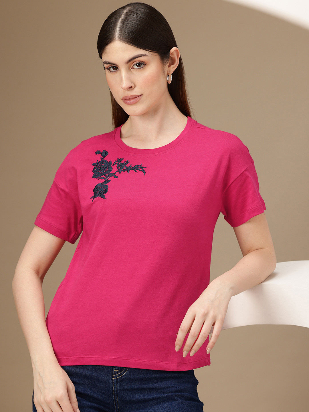 

Chemistry Floral Embroidered Pure Cotton T-shirt, Pink