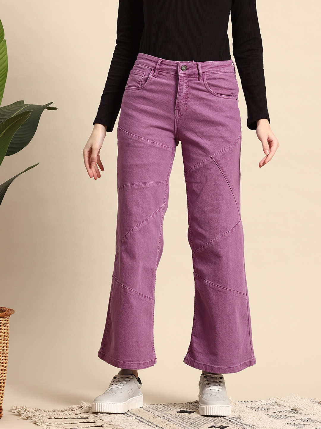 

Mast & Harbour Women Pure Cotton Wide Leg Jeans, Purple
