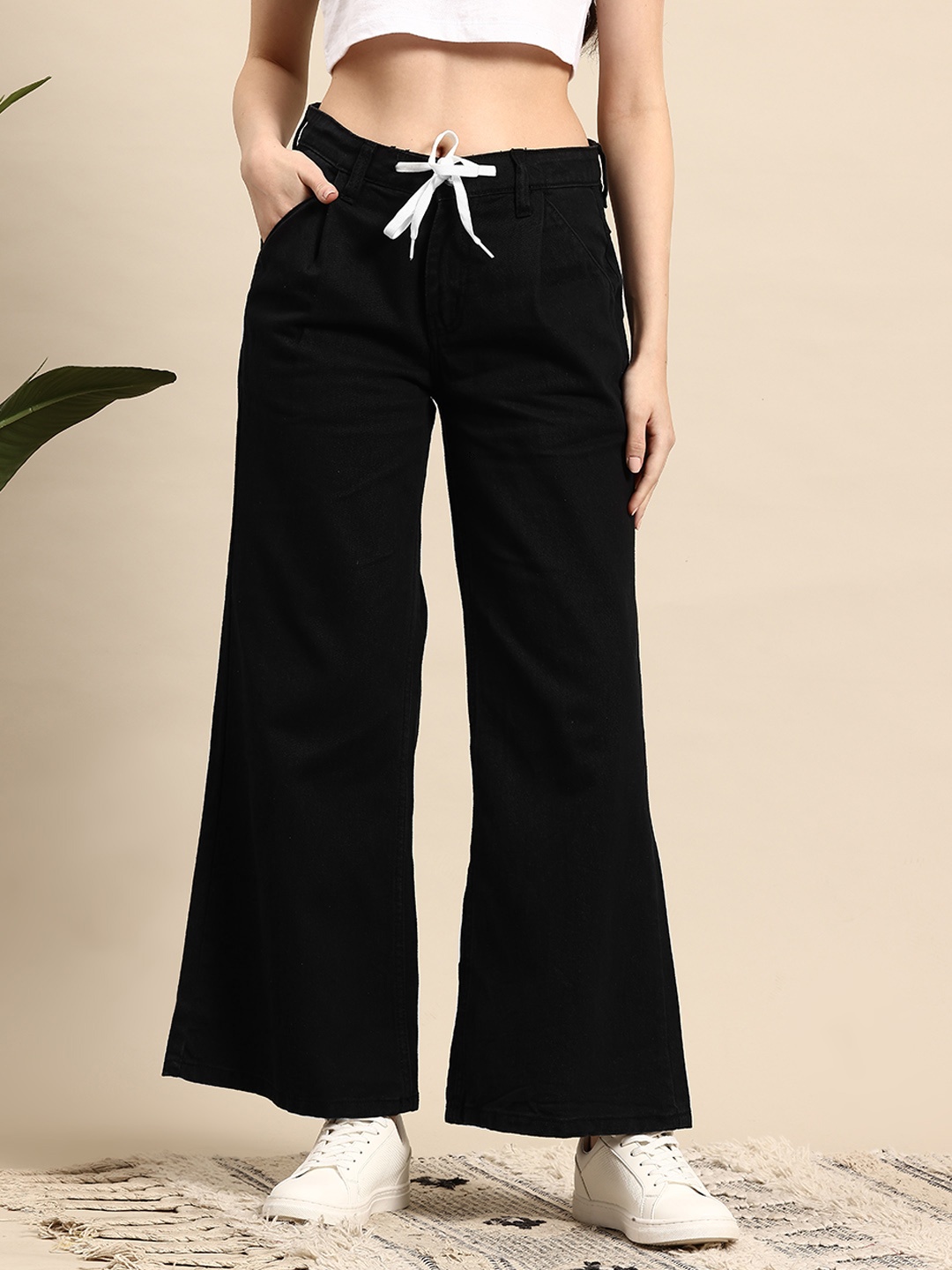 

Mast & Harbour Women Wide Leg Cotton Stretchable Jeans, Black